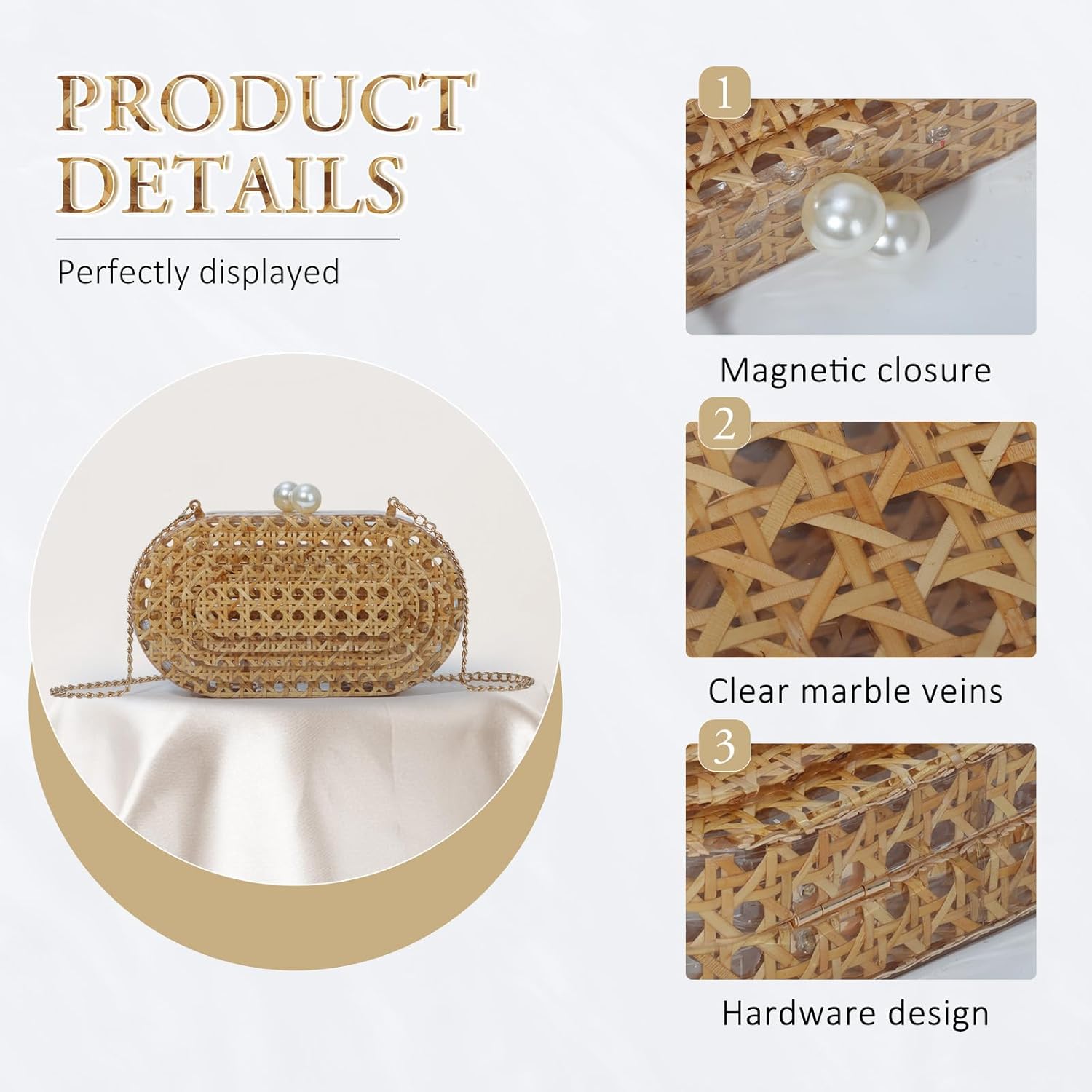 Fecialy Women Acrylic Clutch Purse Rattan Woven Pattern Handbag Shell Shape Crossbody Bag Chic Evening Bag