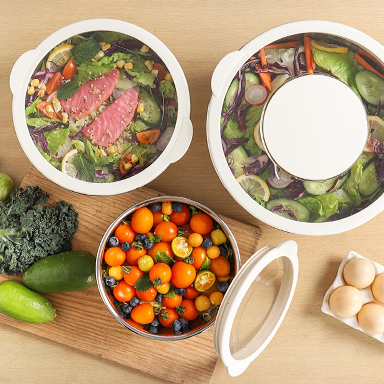 Robustes Salatschüssel-Set mit Reibenaufsätzen und Deckel für Multifunktionale Nutzung, 3-teilig (Beige)