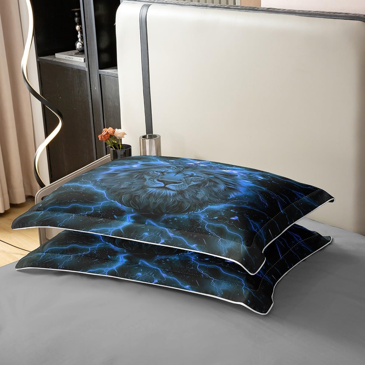 Manfei Lion Full Size Cotton Duvet Cover,African Wild Animal King Crown Glitter Quilt Cover(No Filler),3D Lightning Gaming Print Blue Black Comforter Cover for Kids Adults Bedroom