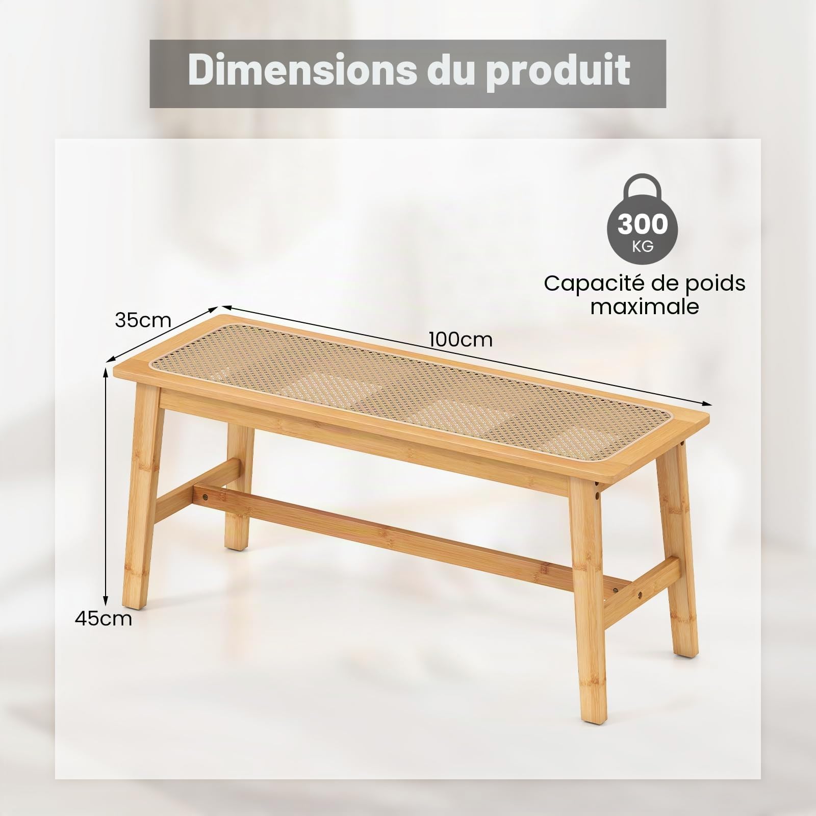 GIANTEX Banc Salle a Manger pour 2 Personnes, Banc Bois en Bambou avec Siège en Rotin PVC Respirant, Patins Antidérapants, Banquette pour Chambre, Salon, Jardin, Charge 300 kg, Naturel