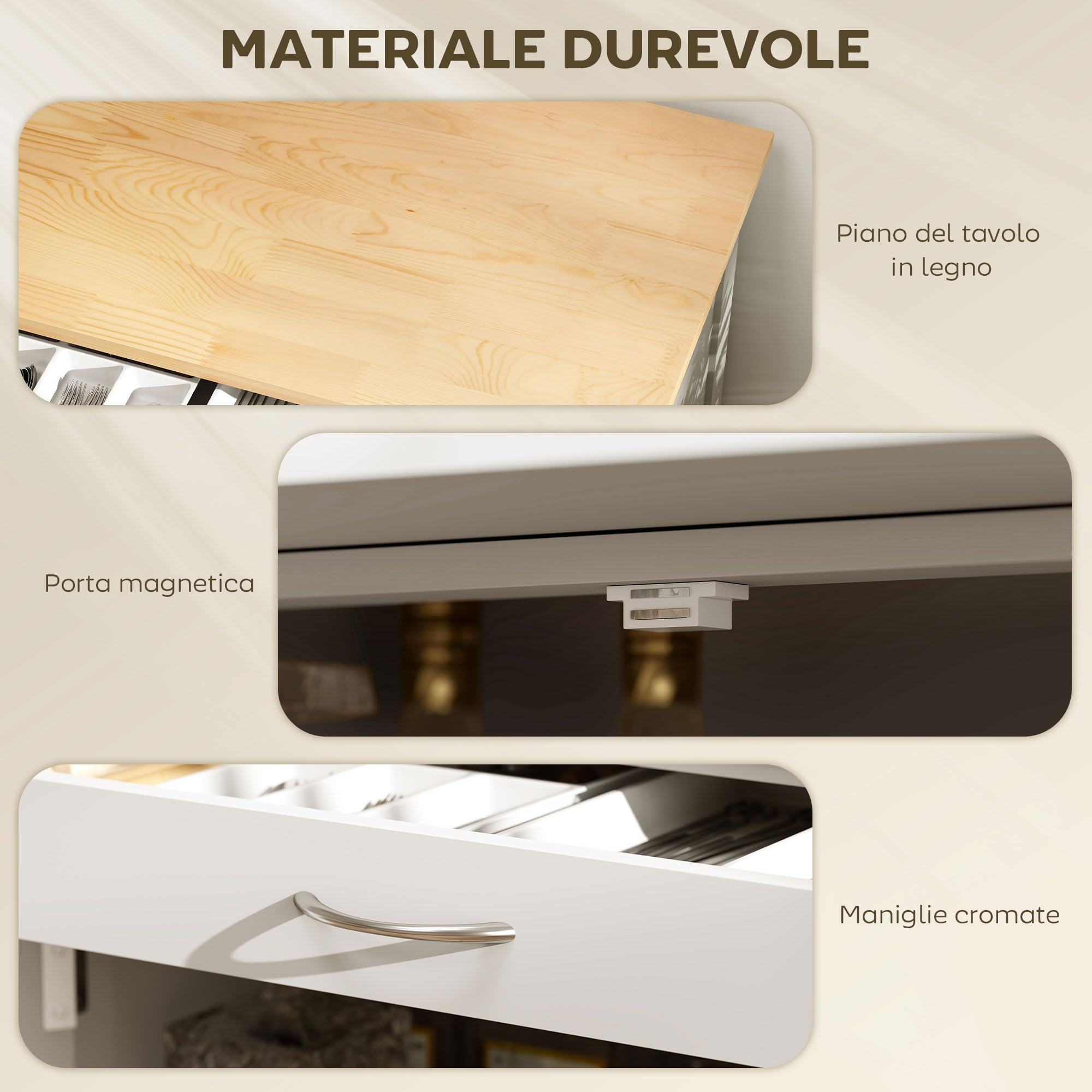 HOMCOM Carrello da Cucina con 9 Portabottiglie, 3 Ante, 4 Ruote e Cassetto, Mobiletto Cucina Salvaspazio con Piano in Legno di Gomma, per Soggiorno, 67x37x87 cm, Bianco e Rovere