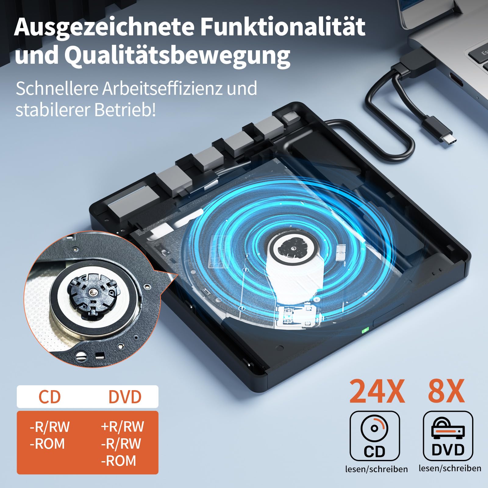 Alxum Externes DVD Laufwerk - USB 3.0 Type C CD Laufwerk extern USB mit SD/TF Kartenleser und USB Anschlüsse, Externer CD Brenner für Laptop,Desktop,MacBook,Windows,Linux,Mac OS,Vista