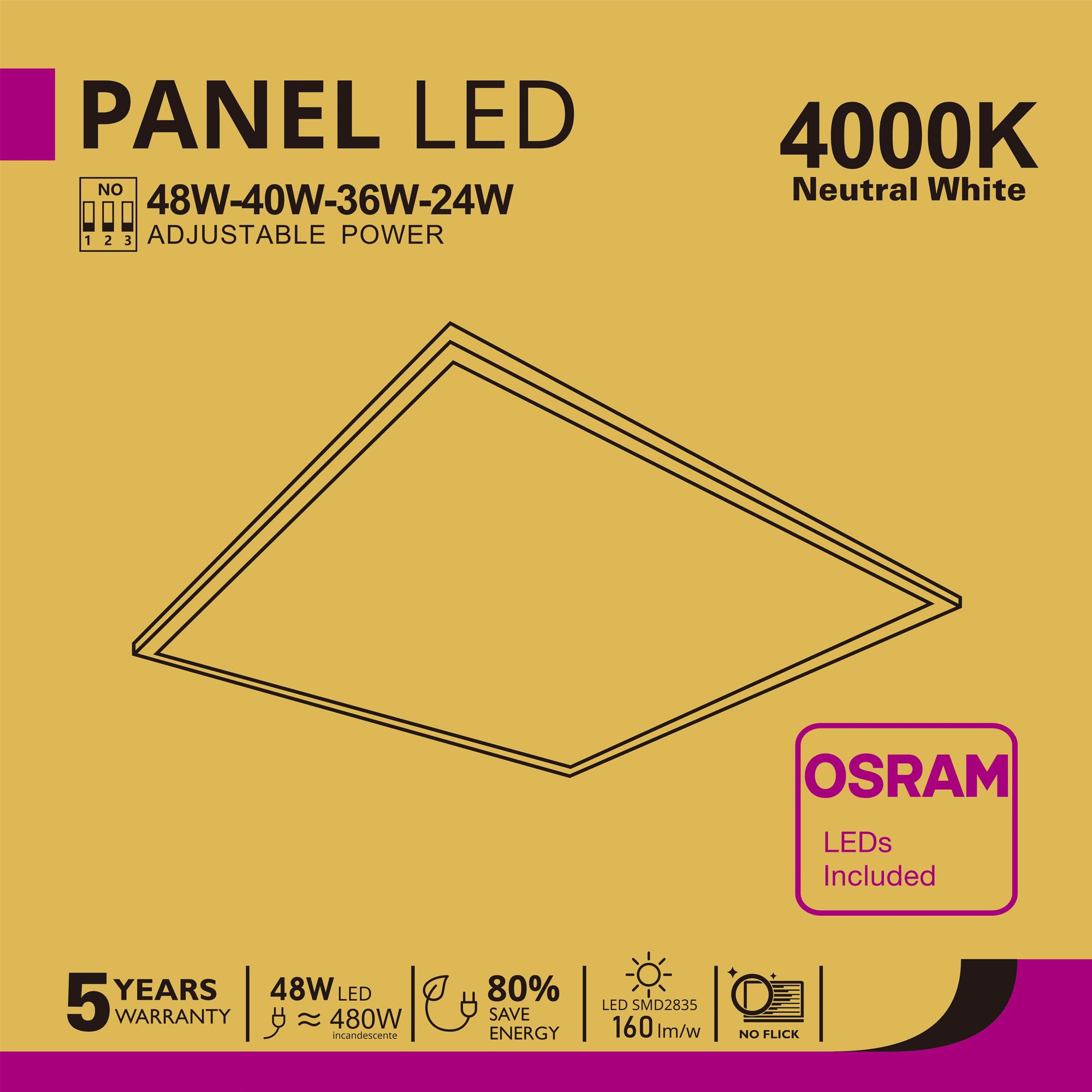 FactorLED Pack x10 Panel LED Slim 60x60cm 48W, Premium Line, NO FLICK, 5280 lúmenes, Drivers Multivatios, Paneles Backlit, IP20, Luz Natural 4000K