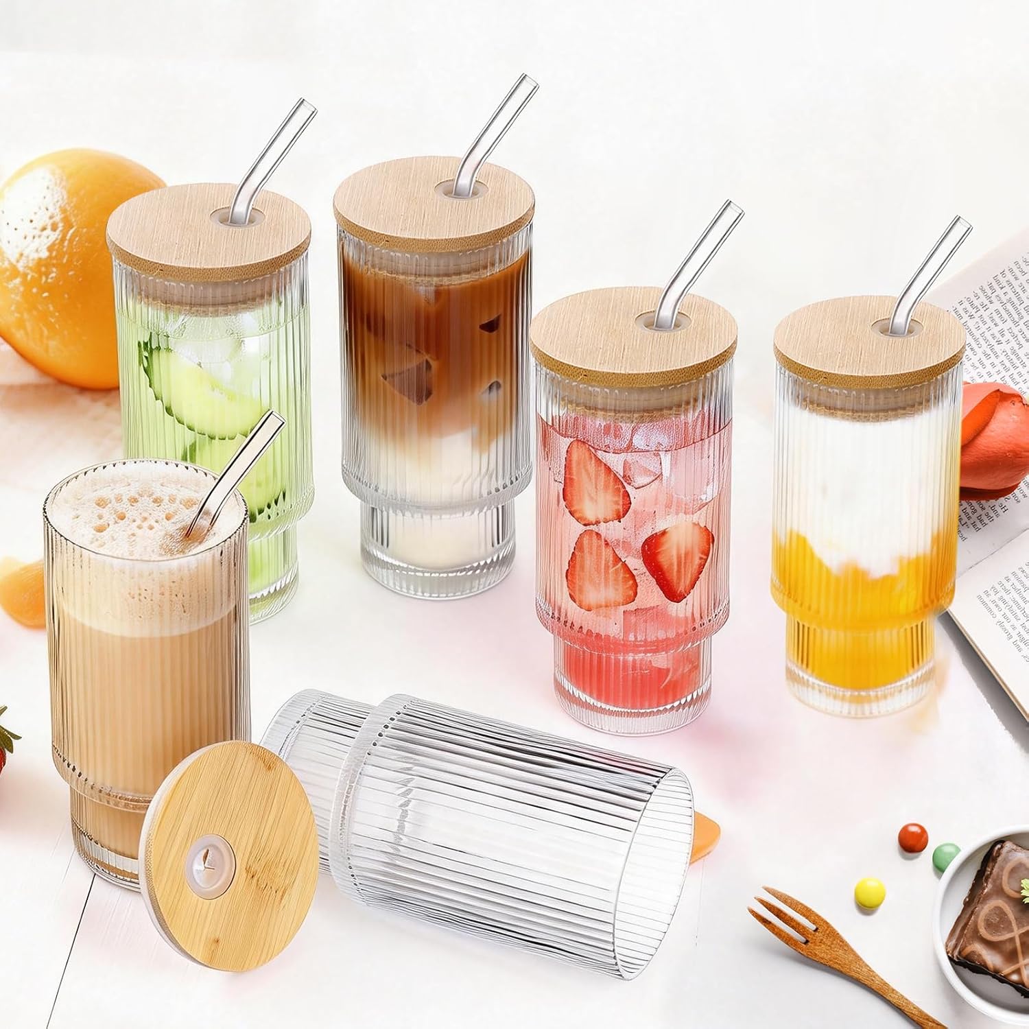 16oz Glass Cups with Lids and Straws, Ribbed Glass Tumbler for Iced Coffee, Reusable Coffee Cups with Bamboo Lids & Glass Straws, Stackable Drinking Glasses for Home, Office and Cafe (16OZ-6PACK) image 5