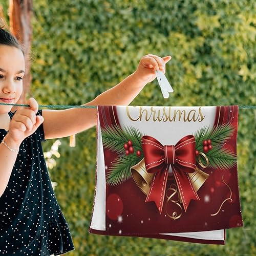 Miniatura 6 de Pfrewn Juego de 2 toallas de mano con moño, diseño de campanas de Navidad, copos de nieve rojos, con purpurina dorada, 16 x 30 pulgadas, suaves,