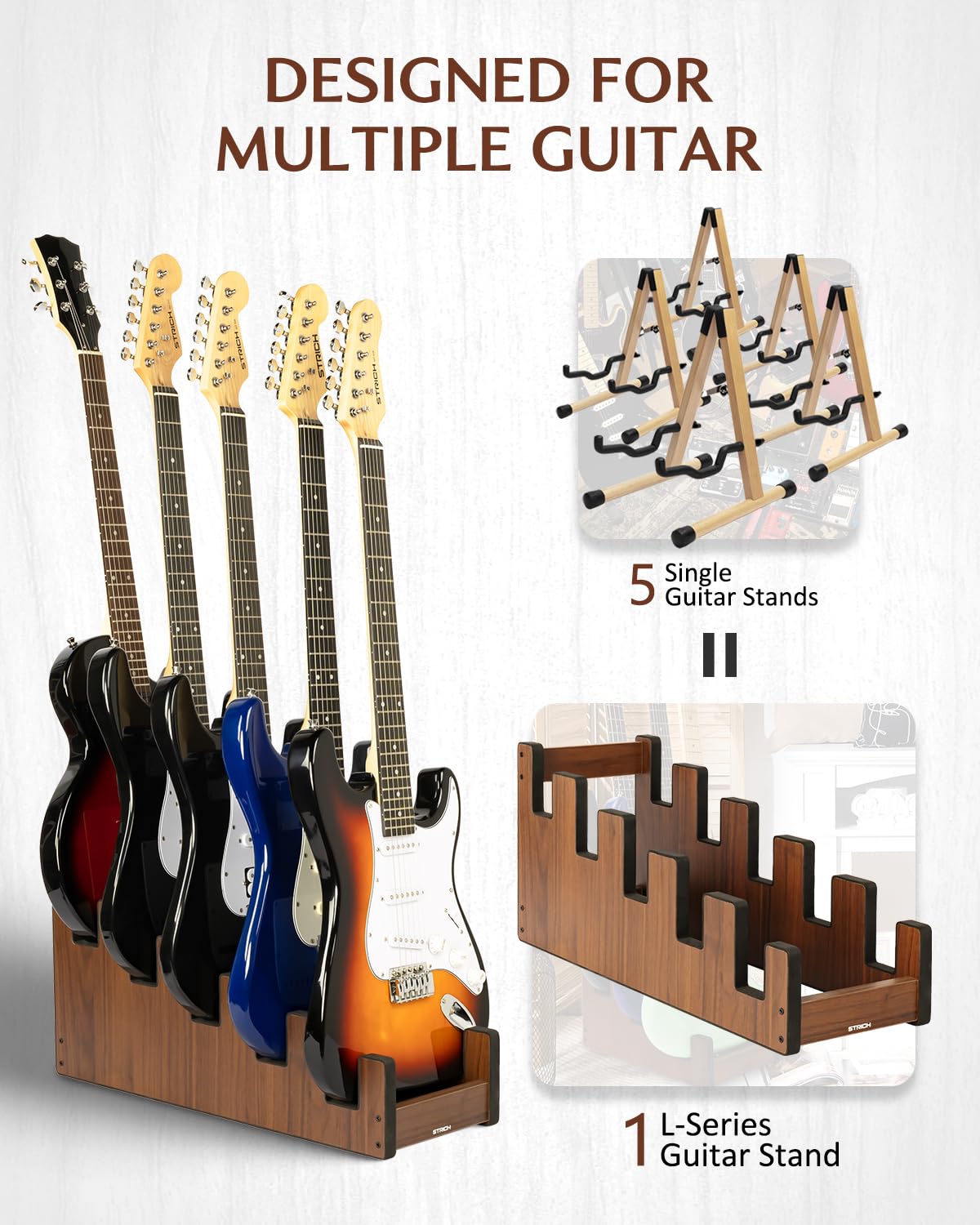 STRICH L-5EW Support de guitare en bois pour plusieurs guitares, 5 supports, affichage frontal, gain de place, pour la maison, le studio, la scène, couleur noyer, L-5EW (pour 5 guitares électriques