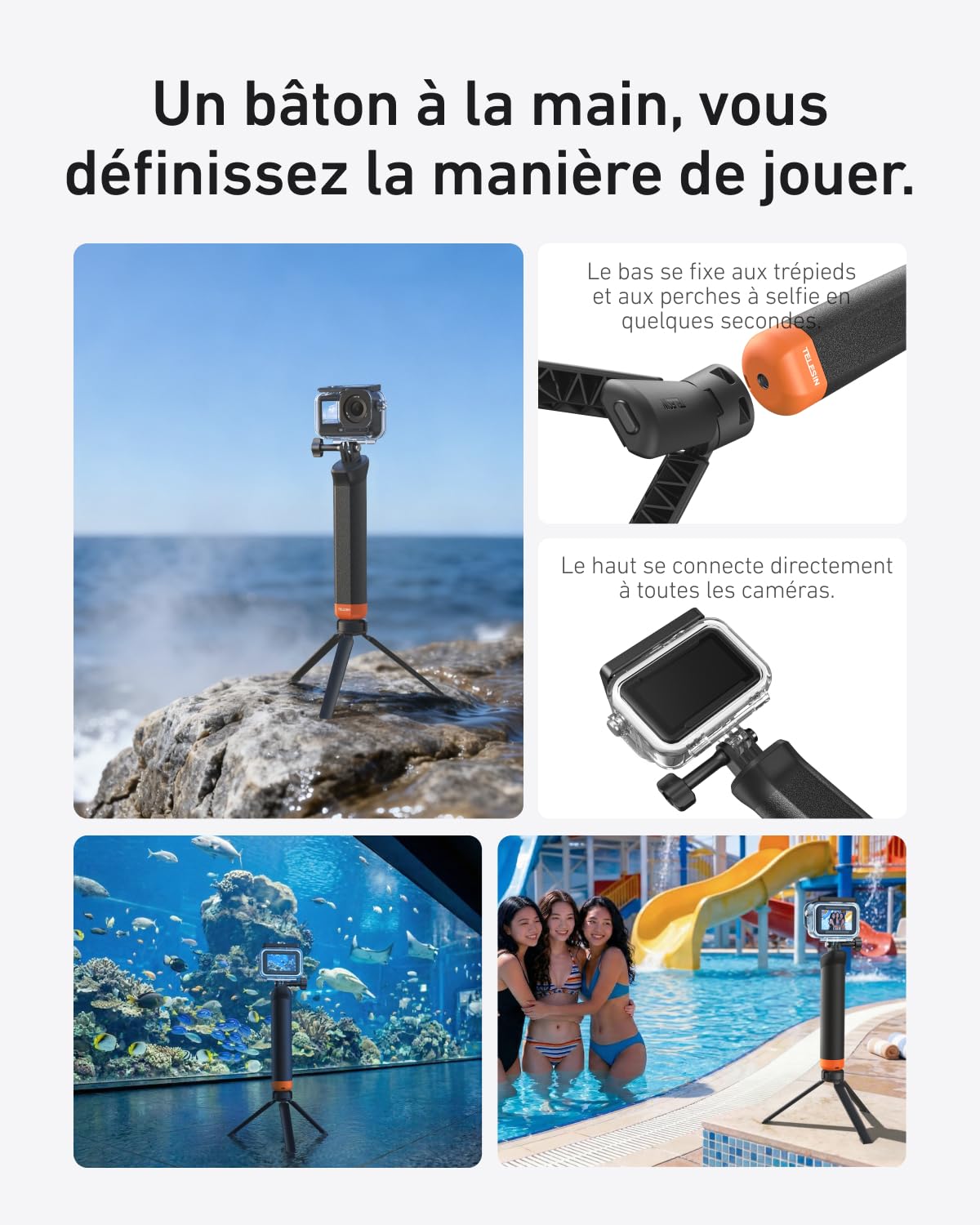 TELESIN Poignée Flottante 2.0 pour DJI Osmo Action 5 Pro/4/3, Bâton Selfie Étanche sous l’Eau, Compatible avec GoPro Hero 13 et Insta360 Caméras Action
