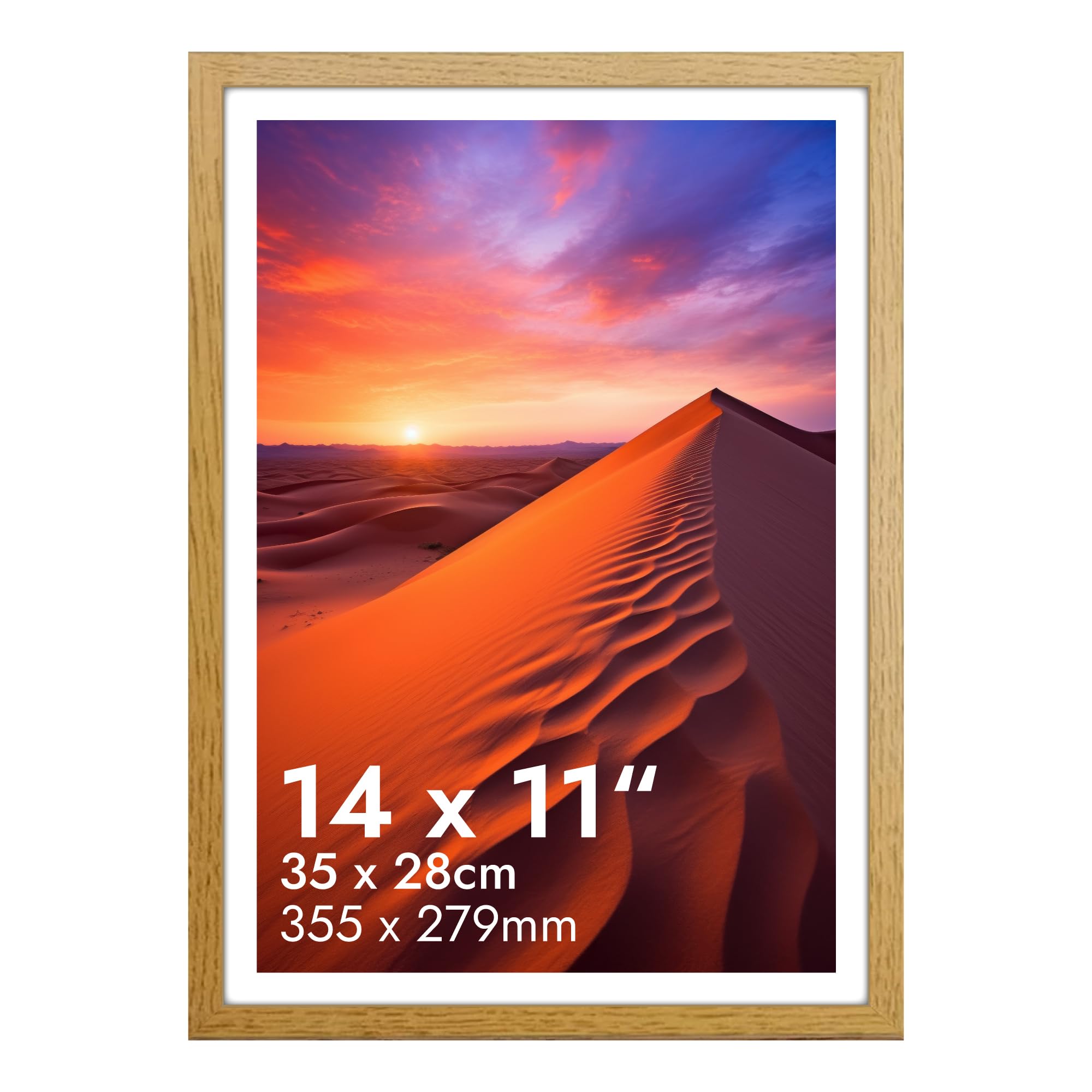 HNK Oak Picture Frame 14 X 11 Inches Engineered Wood and Plexiglass, 35x28cm Photo Frame Dual Orientation Landscape or Portrait, 11x14 Picture Frame Wall Hanging Display Photos, Posters