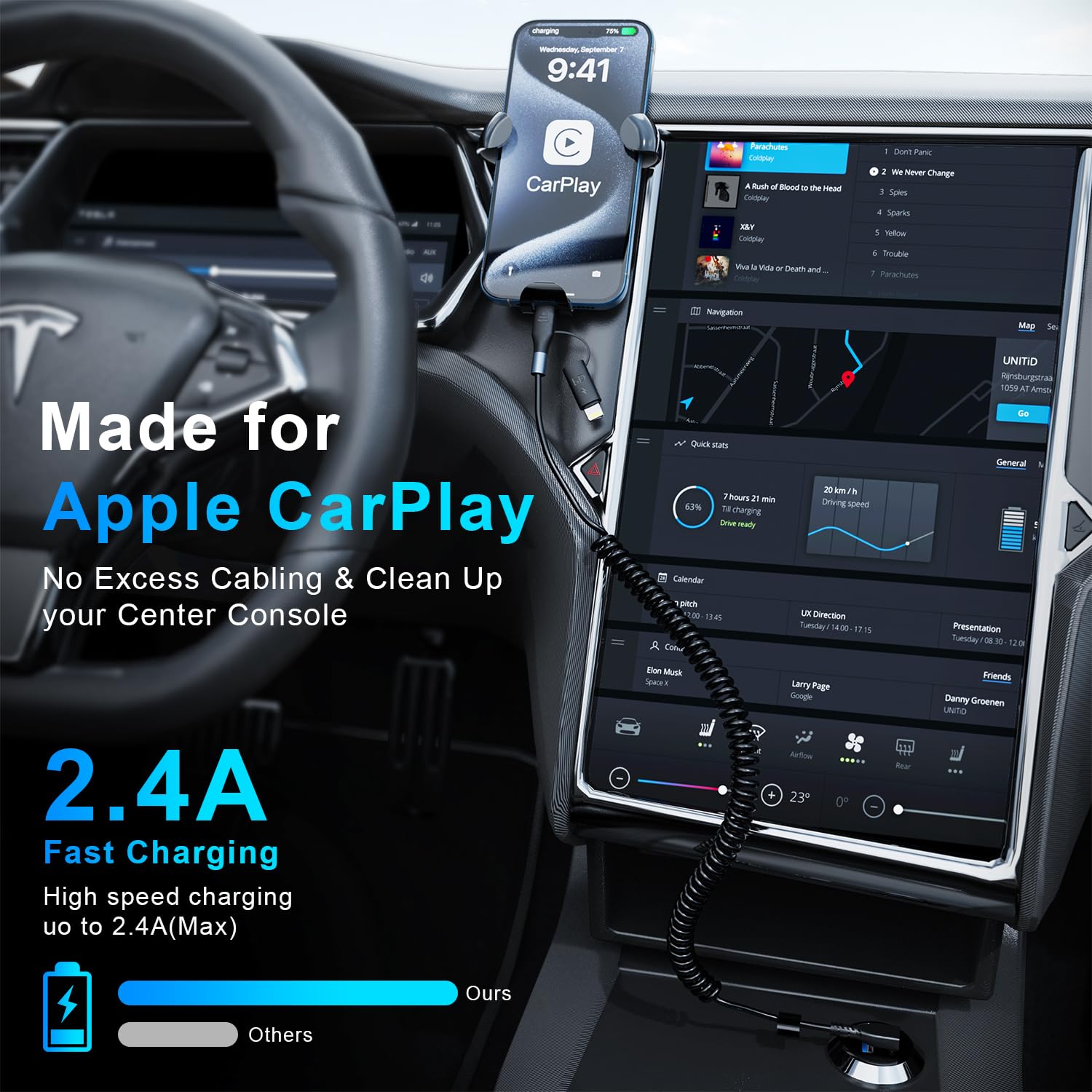 Cavo USB C a Spirale, [1,8M] Cavo USB C da 60W per Carica Dati 2 in 1 ad Angolo Retto CarPlay, Compatibile Android Auto, Tesla Model Y/3/X/S, iPhone 16/15/14/13 Pro Plus Max, Galaxy, Google, Tablet