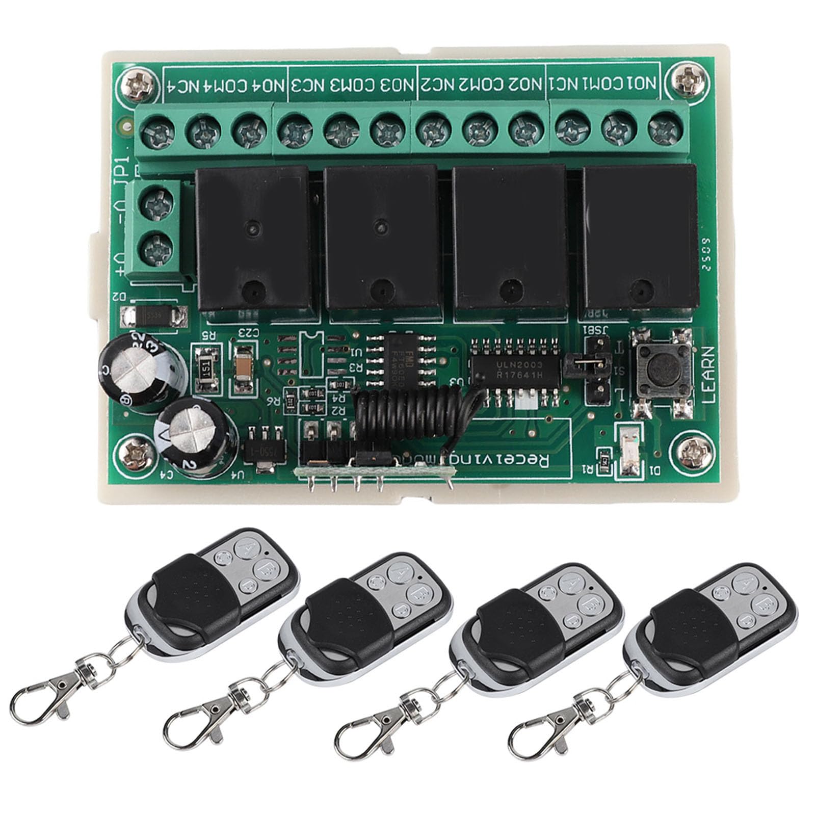 Ticfox Telecomando multifunzione a 4 vie Relè wireless sostitutivo Alta sensibilità Portata 100M Potenza di carico 12V DC 20A per uso industriale domestico 4 telecomandi inclusi