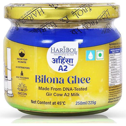 HariBol Pure A2 Bilona Ghee ? 250ml | Best A2 Desi Cow Ghee Made with Traditional Bilona Method | Curd-Churned | Natural Grazing & DNA-Tested | ISKCON TOVP | Glass Jar