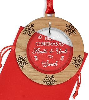 Auntie and Uncle First Christmas Wood Hanging Decoration Bauble Ornament, Personalised Auntie Uncle Christmas Gifts, 1st Christmas As Auntie And Uncle, With Red Bag