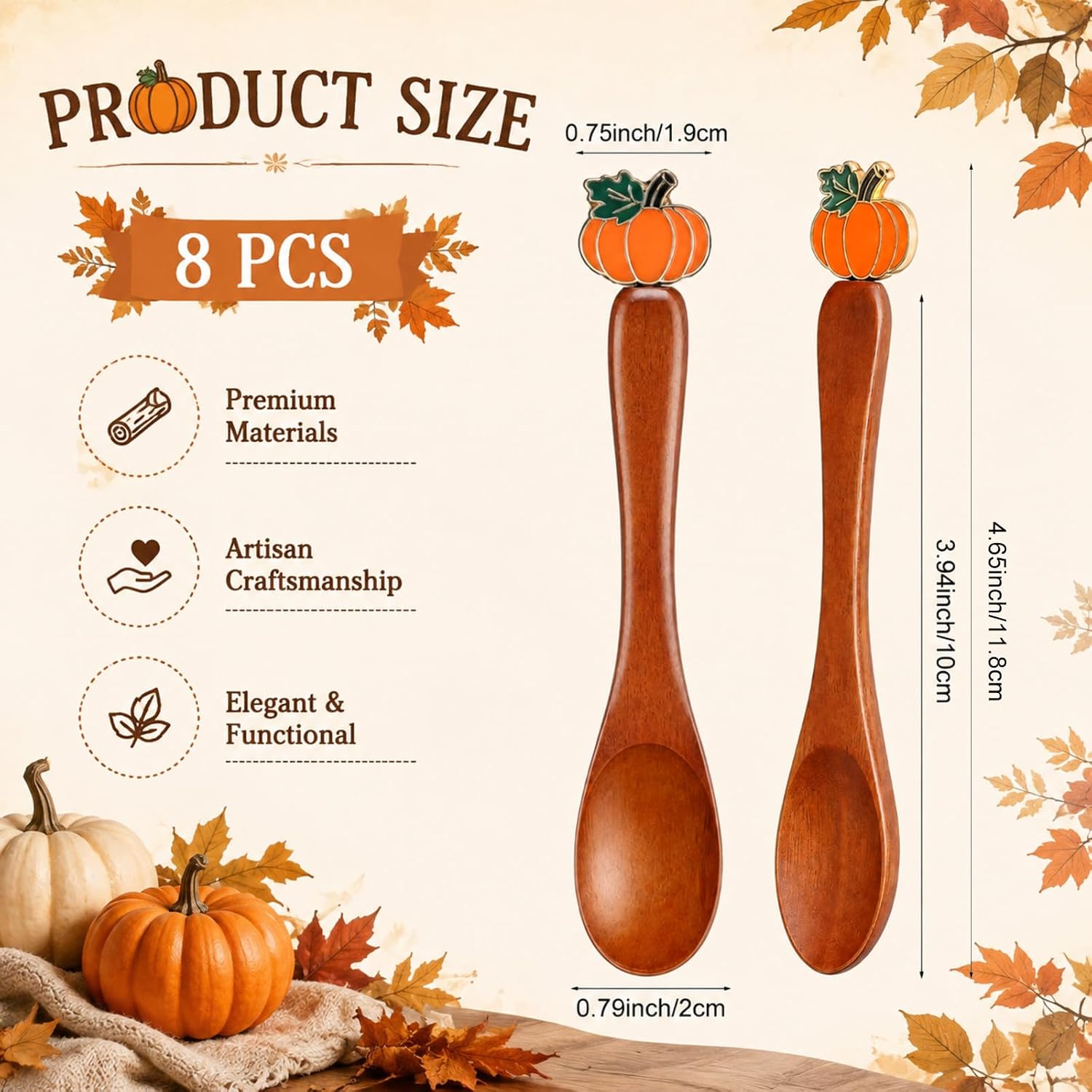 8 Pcs Fall Pumpkin Coffee Spoons Small Wooden Serving Teaspoons 5"