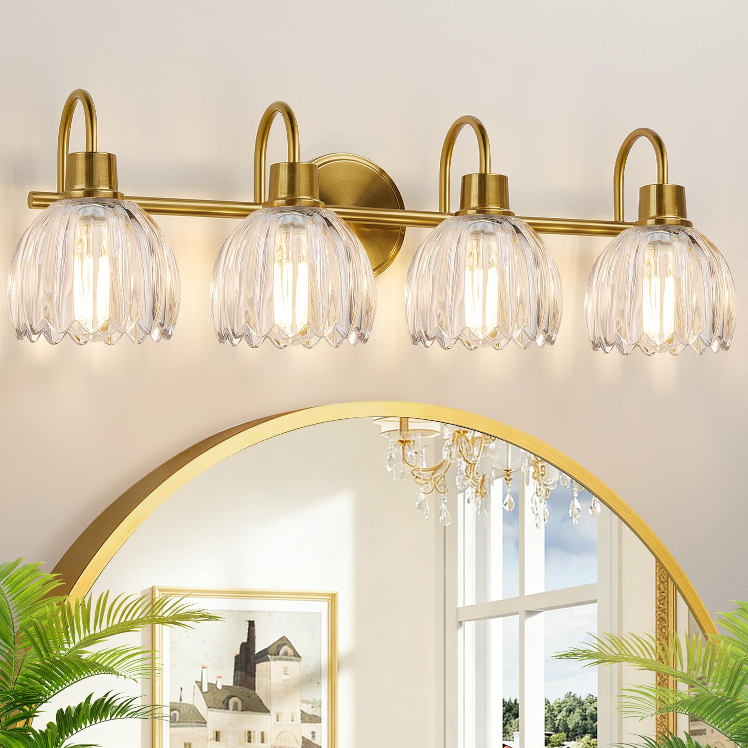 4-Light Bathroom Light Fixtures 27 Brushed Gold Vanity Lights for Bathroom with Ribbed Clear Tulip Glass Shade Vintage