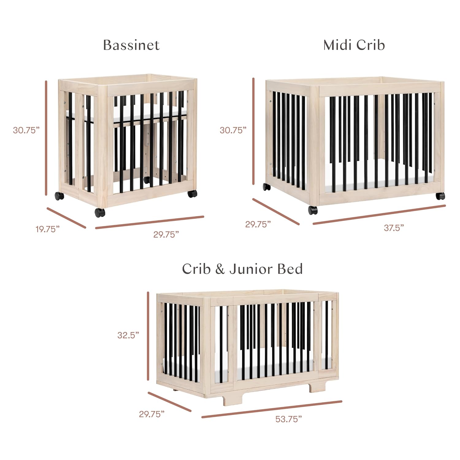 Babyletto Yuzu Convertible All-Stages® Bassinet, Midi, Full-Size Crib in Washed Natural with Black, Greenguard Gold Certified, Portable & Adjustable with Conversion Kits and Pads Included