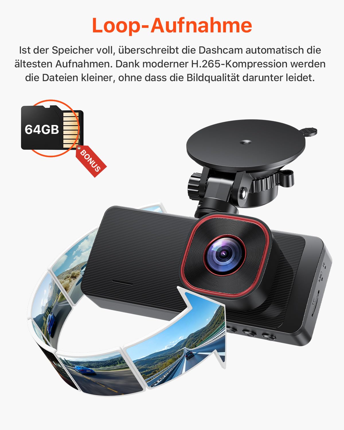 Bestsee 2.5K Dashcam Auto Vorne Hinten und Innen, 2,35" IPS-Bildschirm, 64GB SD-Karte, 24H Parküberwachung, WDR Nachtsicht, G-Sensor, Loop-Aufnahme