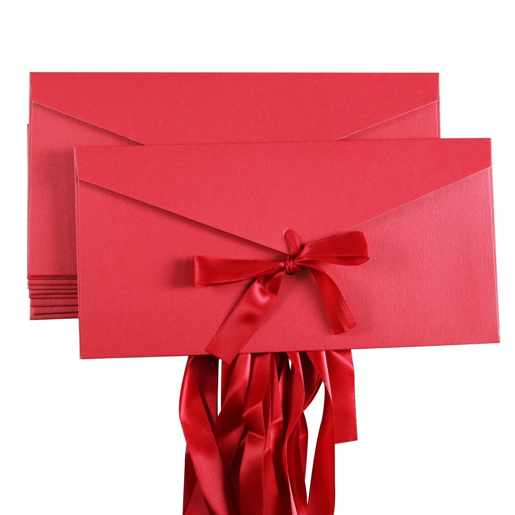 10 Pack Vintage Red Kraft Gift Envelopes with Ribbon & Buckle, 22x10.9CM Cash Money Wallets for Birthday, Holidays, Invitations & Festive Greetings (Red)