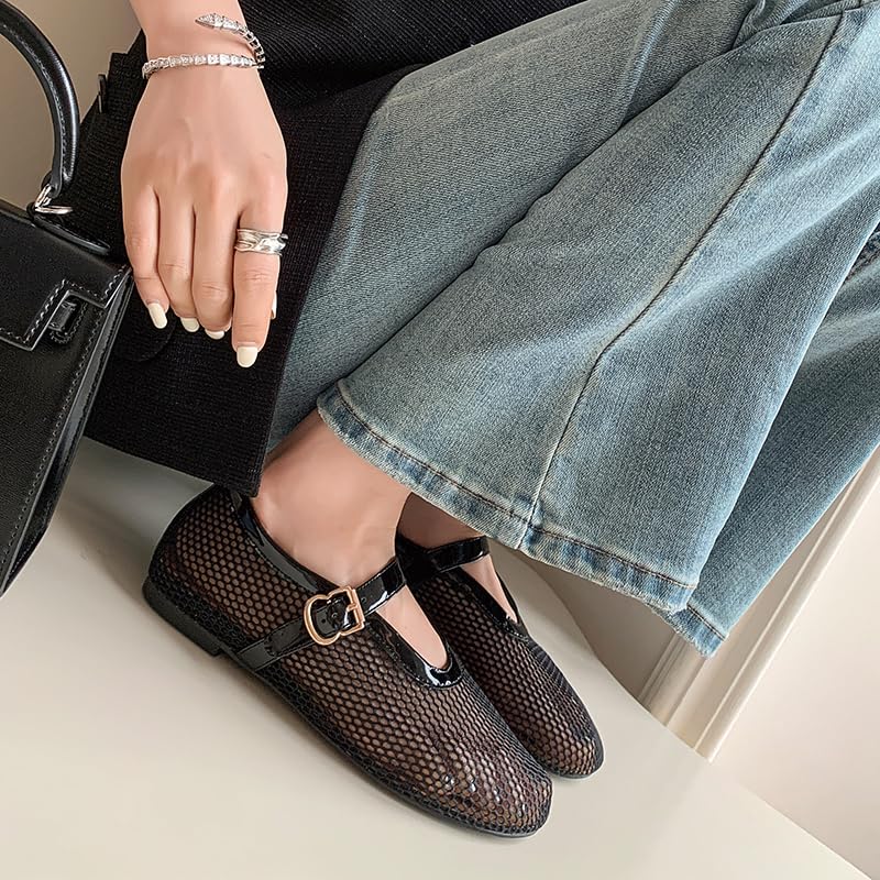 Mesh Ballet Flats for Women Black Comfortable Ballerina Buckle Strap Flats Ladies Fishnet Casual Elegant Mary Jane Dress Shoes4