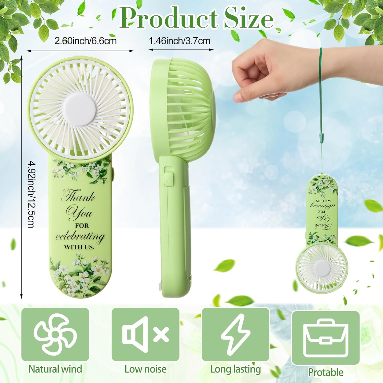 VIHOSE 50pcs Mini Portable Handheld Fans Bulk for Wedding Guest Battery Powered Handheld Fans Thank You for Celebrating with Us Gifts for Summer Bridal Shower Bridesmaid Party Favors(Green)
