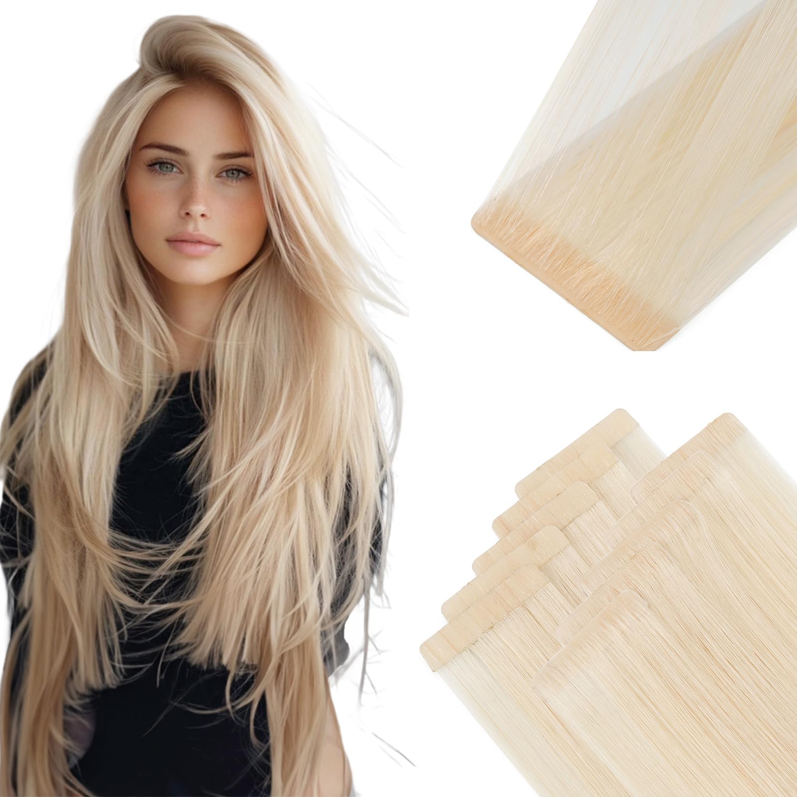 Benehair Invisible Tape in Injected Hair Extensions Real Human Weft Remy Natural Real Hair Extension Straight 10 Pcs #613 Bleach Blonde 22 Inches (25g)