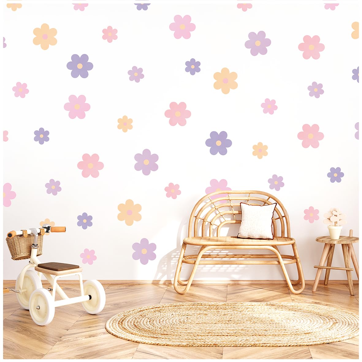 Wally Fox - Wandtattoo Kinderzimmer Blumen - Kinderzimmer Deko 55 Separate Aufkleber - Wandtattoo Kinderzimmer Sicher für Kinder - Wanddeko Violett, Gelb, Rosa - Violett-rosa Blüten, 31x150