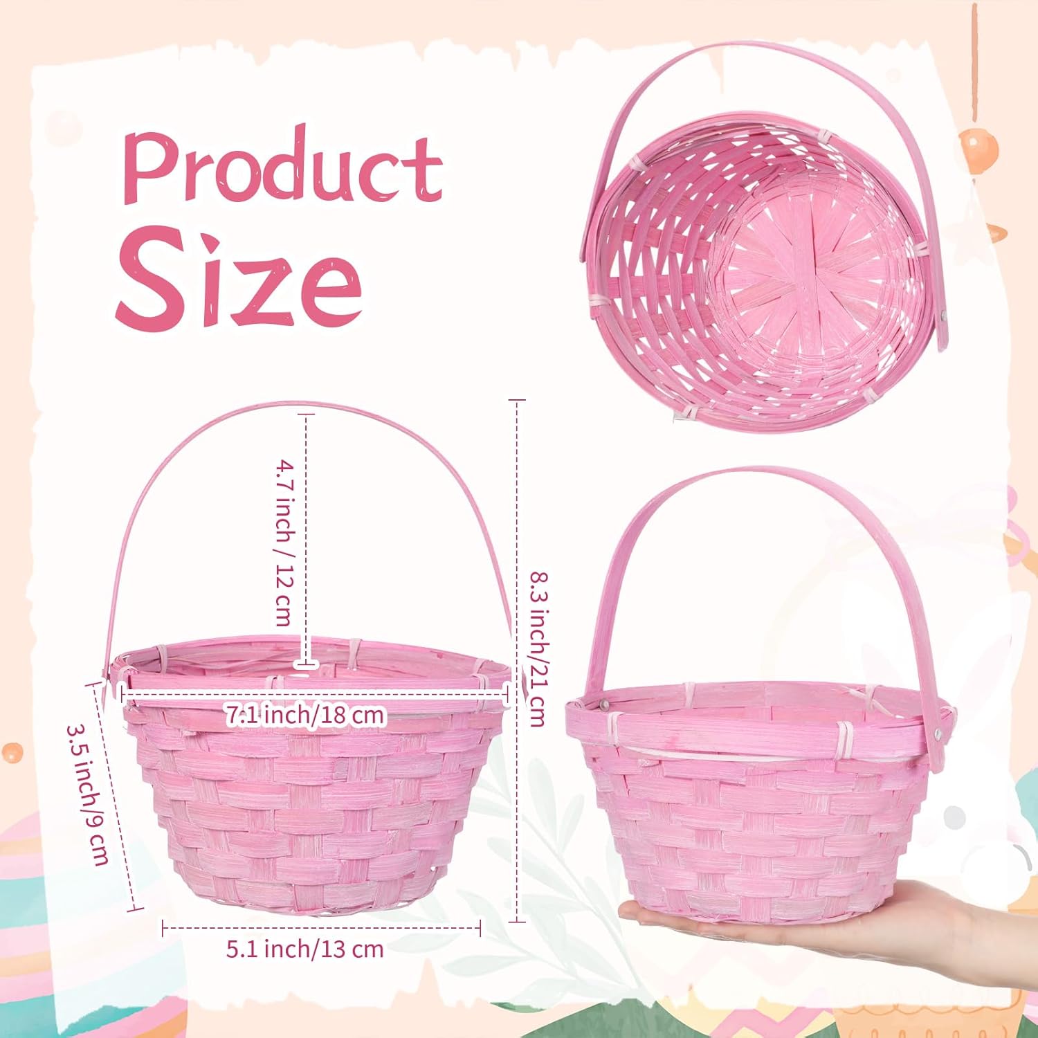 Yerliker 6 Pcs Easter Woven Baskets and 6 Pack Grass Raffia Filler Round Bamboo Woven Basket with Folding Handle Goodie Gift Buckets for Easter Egg Hunt Candy Fruit Treats Party Favors (Macaron Color)