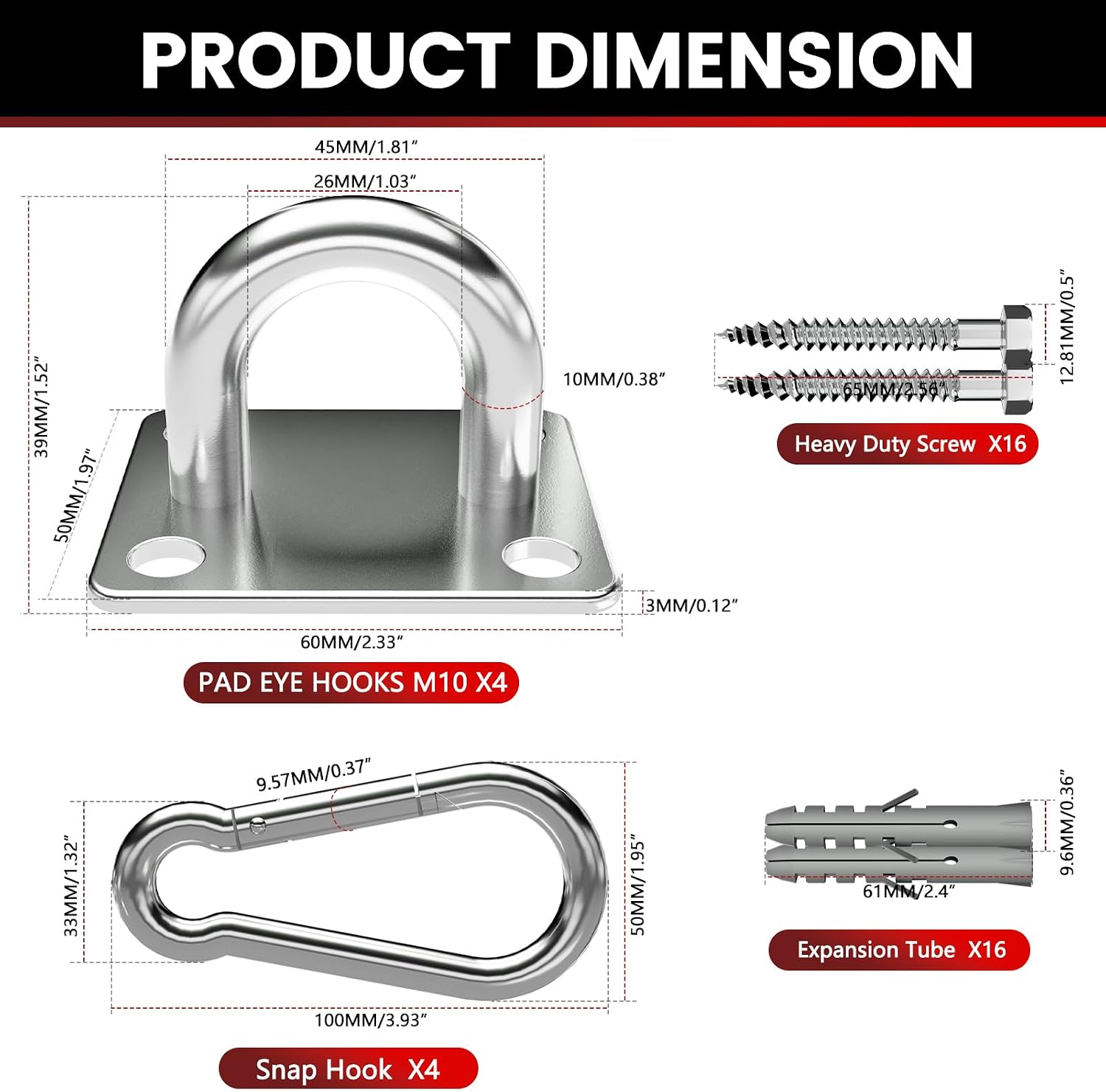 sprookber 304 Stainless Steel Pad Eye Snap Hooks, M10 Heavy Duty Ceiling Hooks, 1700lb Capacity Hammock Swing Hanging kit, Plant Hangers, Marine Hardware Staple Hook Loop with Screws, Set of 8
