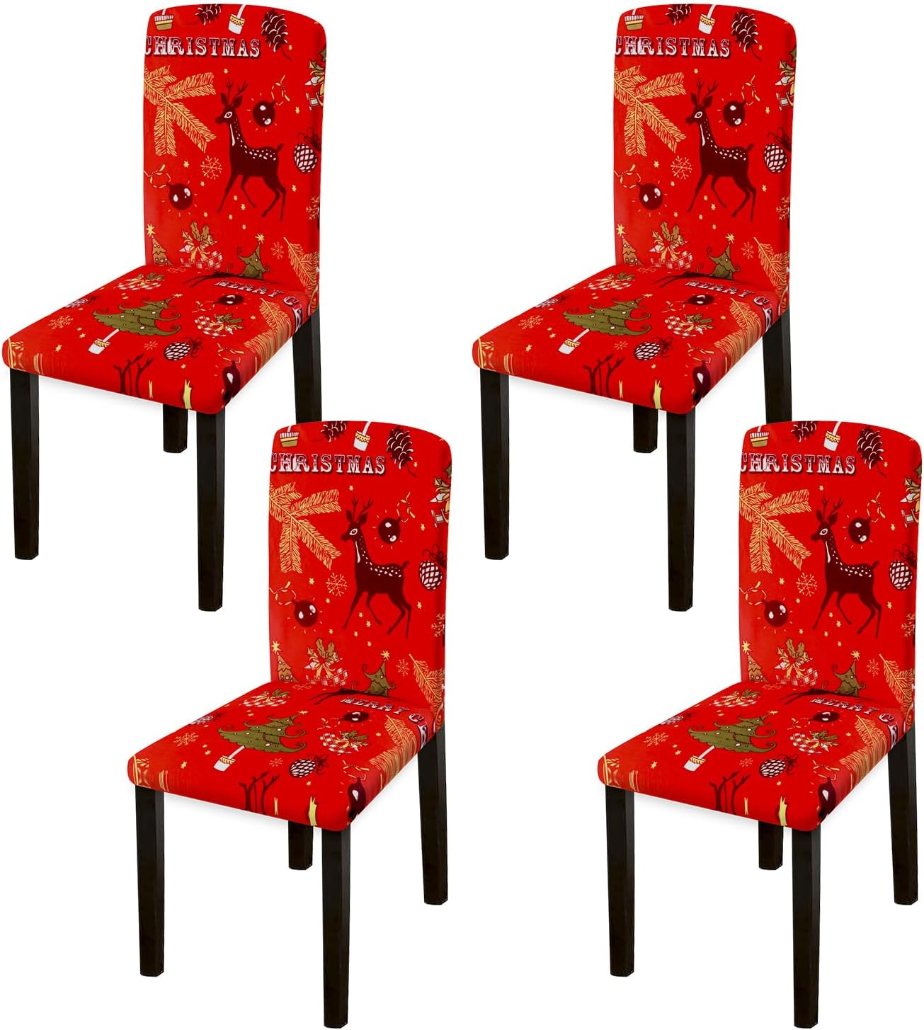 Christmas Stretch Chair Covers Set of 4, Xmas Dining Stretch Removable Chair Seat Cover Washable