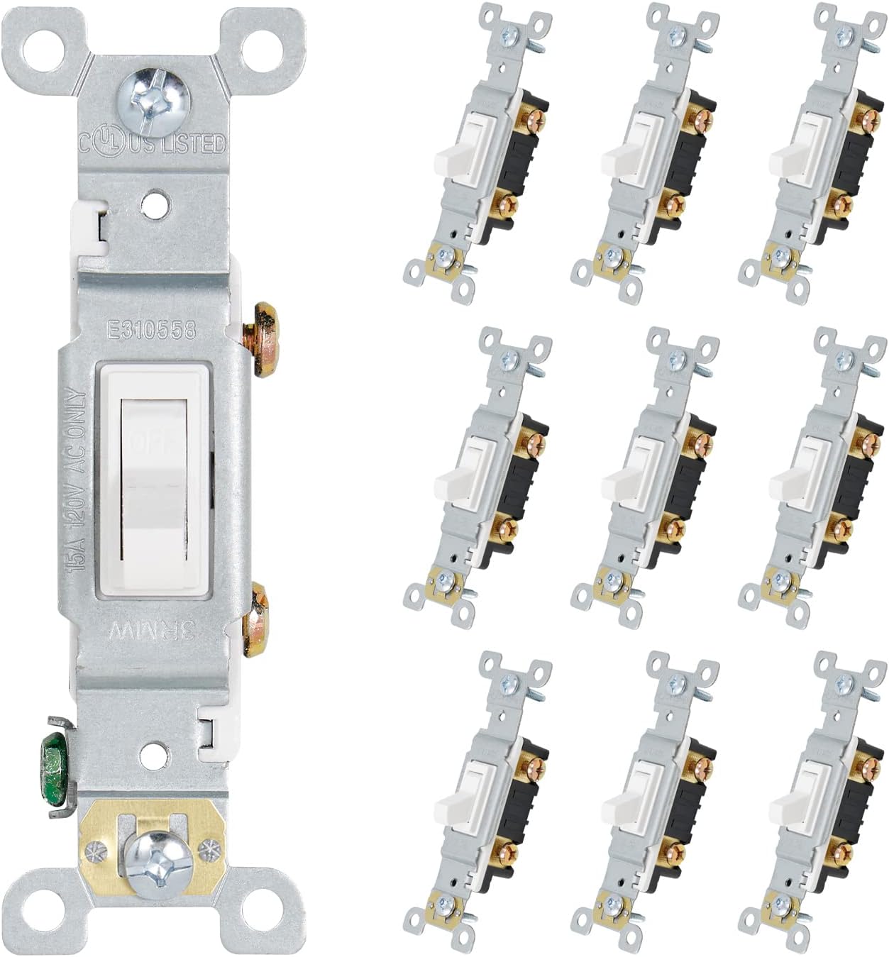ThunderWay Toggle Light Switch, 3-Way or Single Pole, 15 Amp, 120 Volt, AC Quiet Switch, Electrical Wall Switch Replacement, Residential and Commercial Grade, UL Listed,(10 Pack) (Single Pole, White)