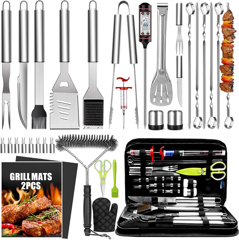 34 piezas de accesorios de parrilla resistentes para asar regalos para hombres | Accesorios para barbacoa resistentes de 16 pulgadas, herramienta para barbacoa de acero inoxidable con termómetro, tapetes para parrilla para patio trasero, juego de barbacoa para hombres y mujeres