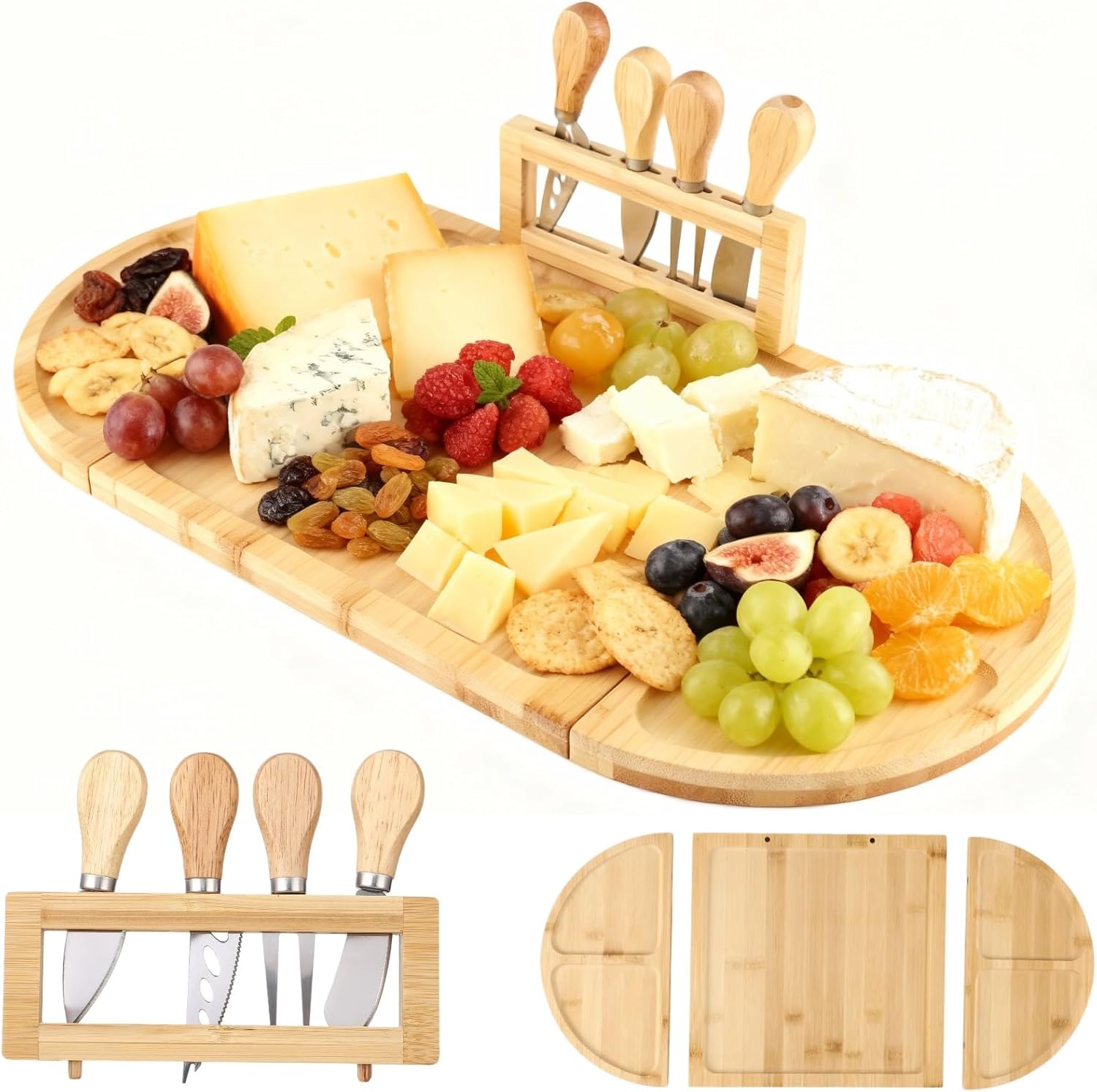 Wood Cheese Board Set, Charcuterie Platter Tray with 4 Pcs Knives, Detachable Serving Board with Strong Attachment, Wooden Appetizer Serving Tray for Parties, Gatherings, 22.8 x 11.5 in