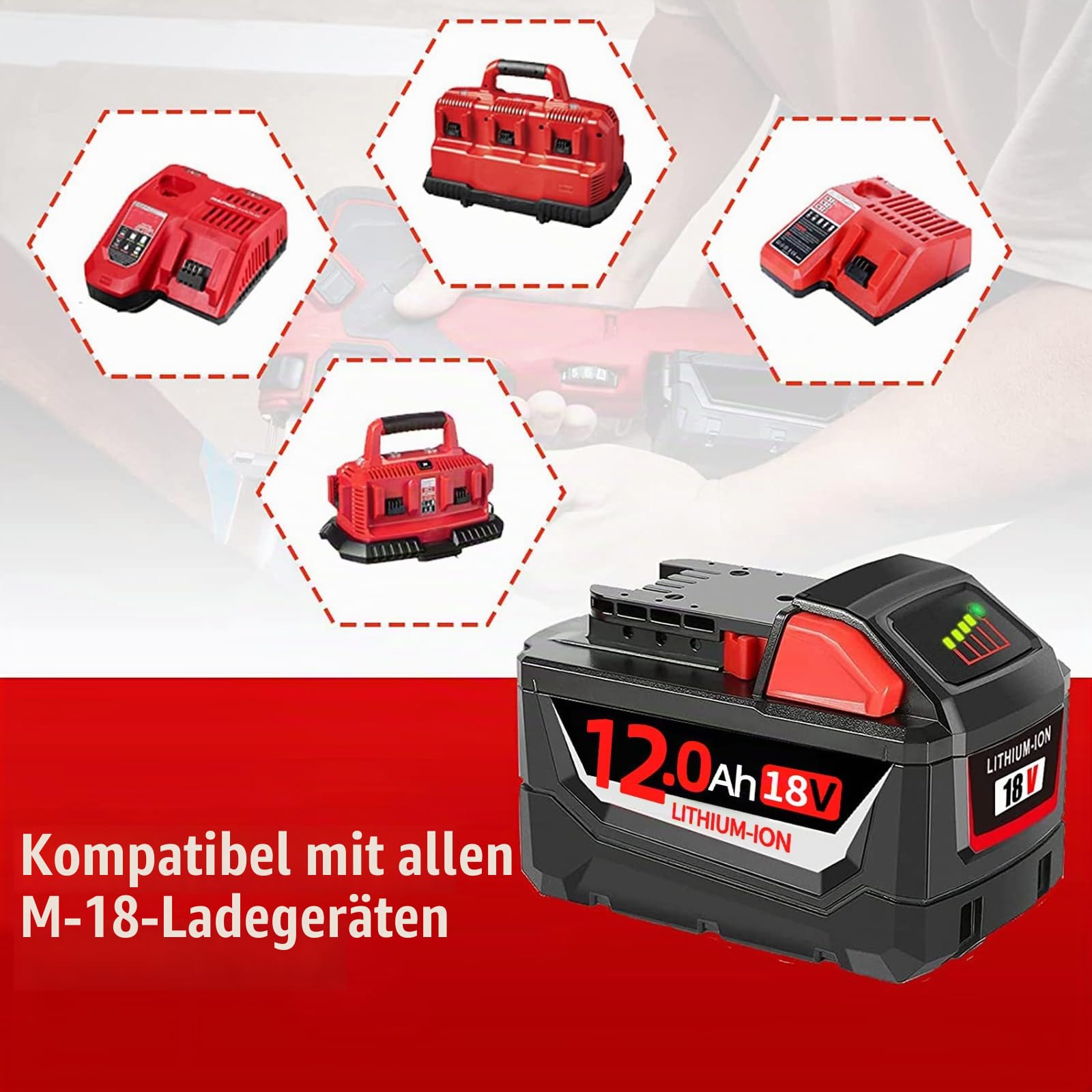 2 x 12000mAh Ersatzakku für Milwaukee Akku 18V 12Ah Kompatibel mit Milwaukee M18 48-11-1852 48-11-1850 48-11-1840 48-11-1830 48-11-1820 und Akku-Elektrowerkzeuge mit Led-Anzeige