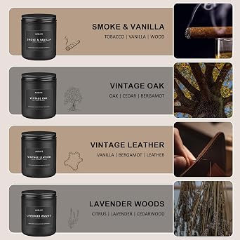 Scented Candles Set for Men, Candles for Home, Long Lasting Aromatherapy Gift, 4 Pack Manly Soy Candle of Leather/Smoke & Vanilla/Oak/Lavender | Men's Aromatherapy Candles; home scented ; 50-hr burn; smoke&vanilla, leather,oak,lavender wood