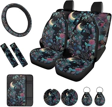 Cat Flower Printed 12 Pcs Car Seat Cover Set, Car Front and Back Seat Covers with Soft Elastic Steering Wheel Cover Seat Belt Covers Armrest Pads Coaster Keychain, Car Interior Accessories