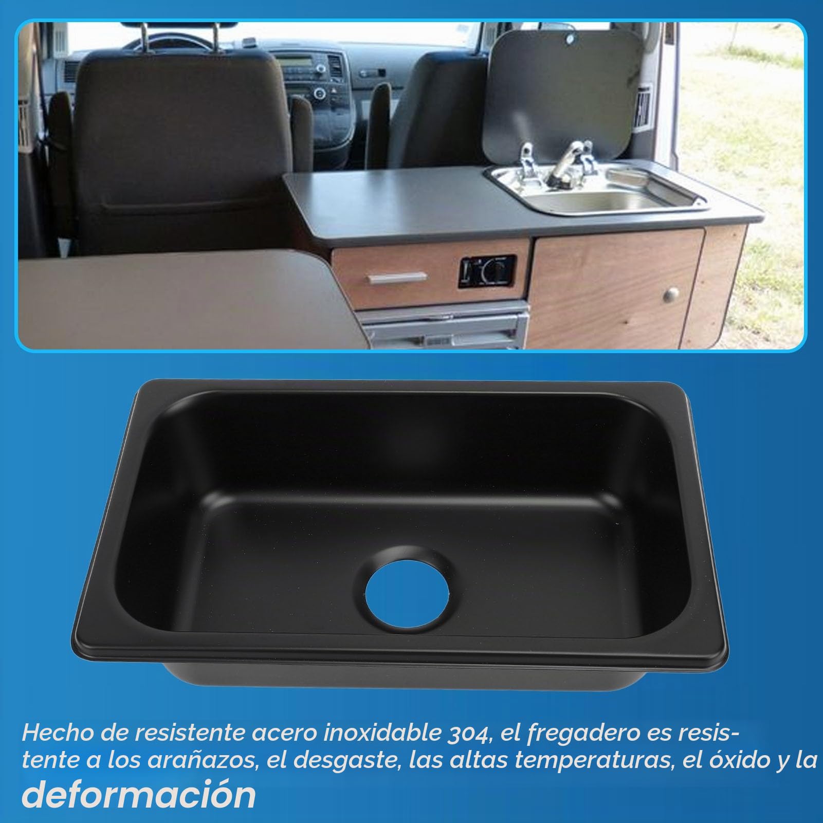 Fregadero de Cocina para Vehículos Recreativos, de Acero Inoxidable de Grado 304, para Yates y Barcos, Lavabo Rectangular con Salida de Alcantarillado Eficiente de 40mm