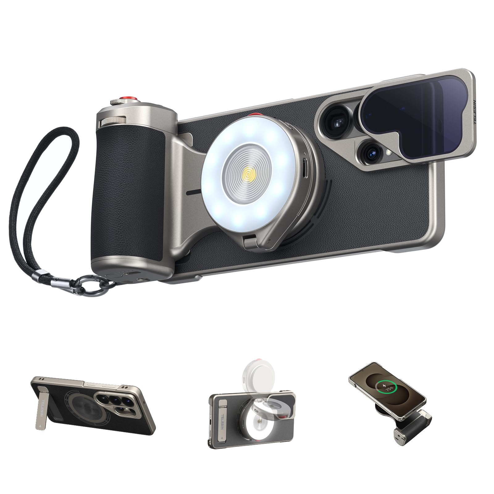 TELESIN Kit Grip Magnético Master para Samsung Galaxy S26 Ultra, Grip Cámara con Batería 3200mAh, Filtro ND16, Flash 10X con Pre-Flash y LED, Carga Inalámbrica, Empuñadura Estilo DSLR