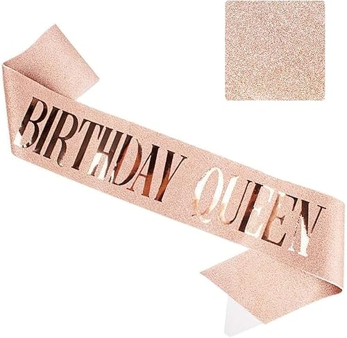 Banda de cumpleaños Queen para regalo de cumpleaños de oro rosa, banda con purpurina, accesorios de fiesta para niñas y mujeres, un paquete (paquete