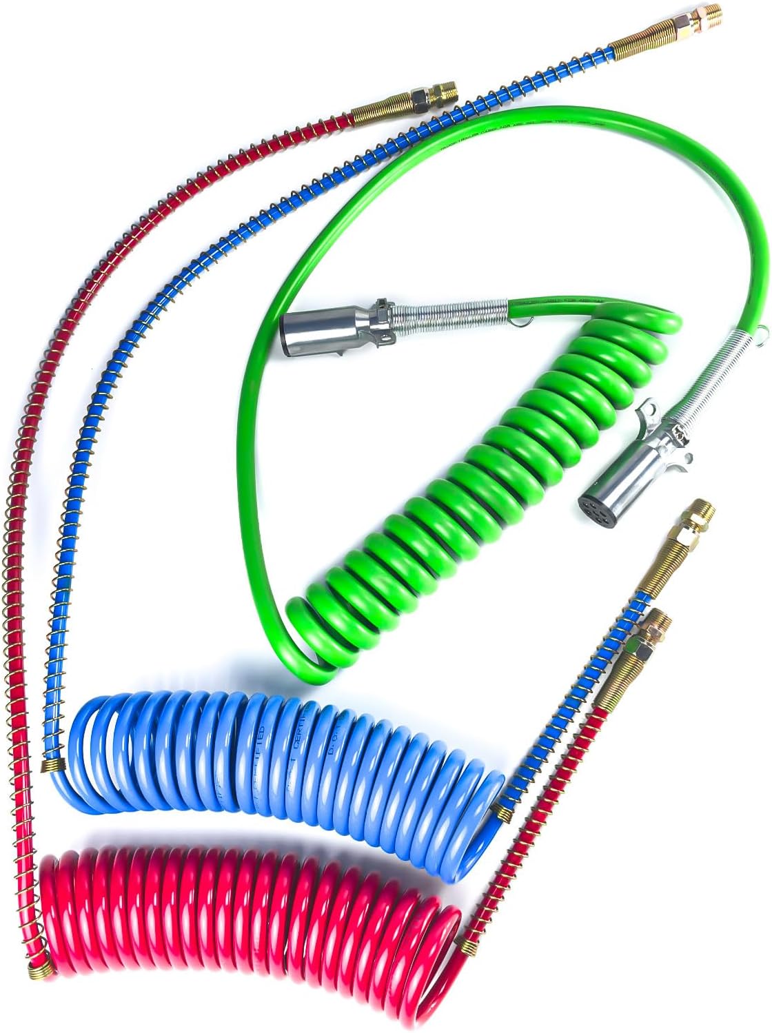 Coiled Air Brake Hoses & 7 Way ABS Power Cable Assembly Kit for Semi Truck, Tractor & Trailer, 15" Long with 40" Lead Long Coiled Air Brake Hoses + Electric Cord