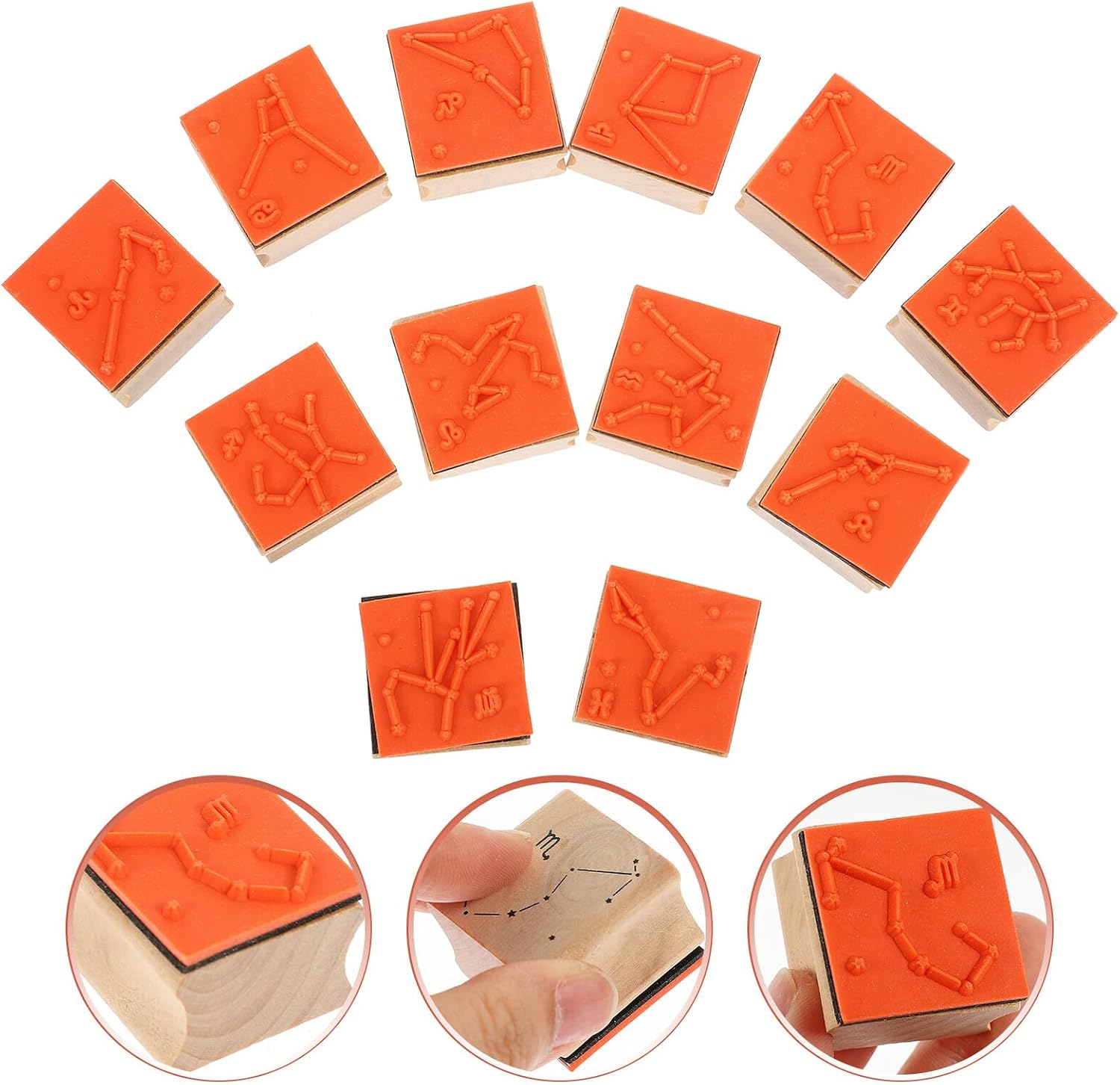 12Pcs Constellation Wooden Stamps Set for Scrapbooking DIY Crafting, Mixed Zodiac Designs with Flower Elements, Decorative Rubber Wood Stamps for Journal and Photo Album Decoration
