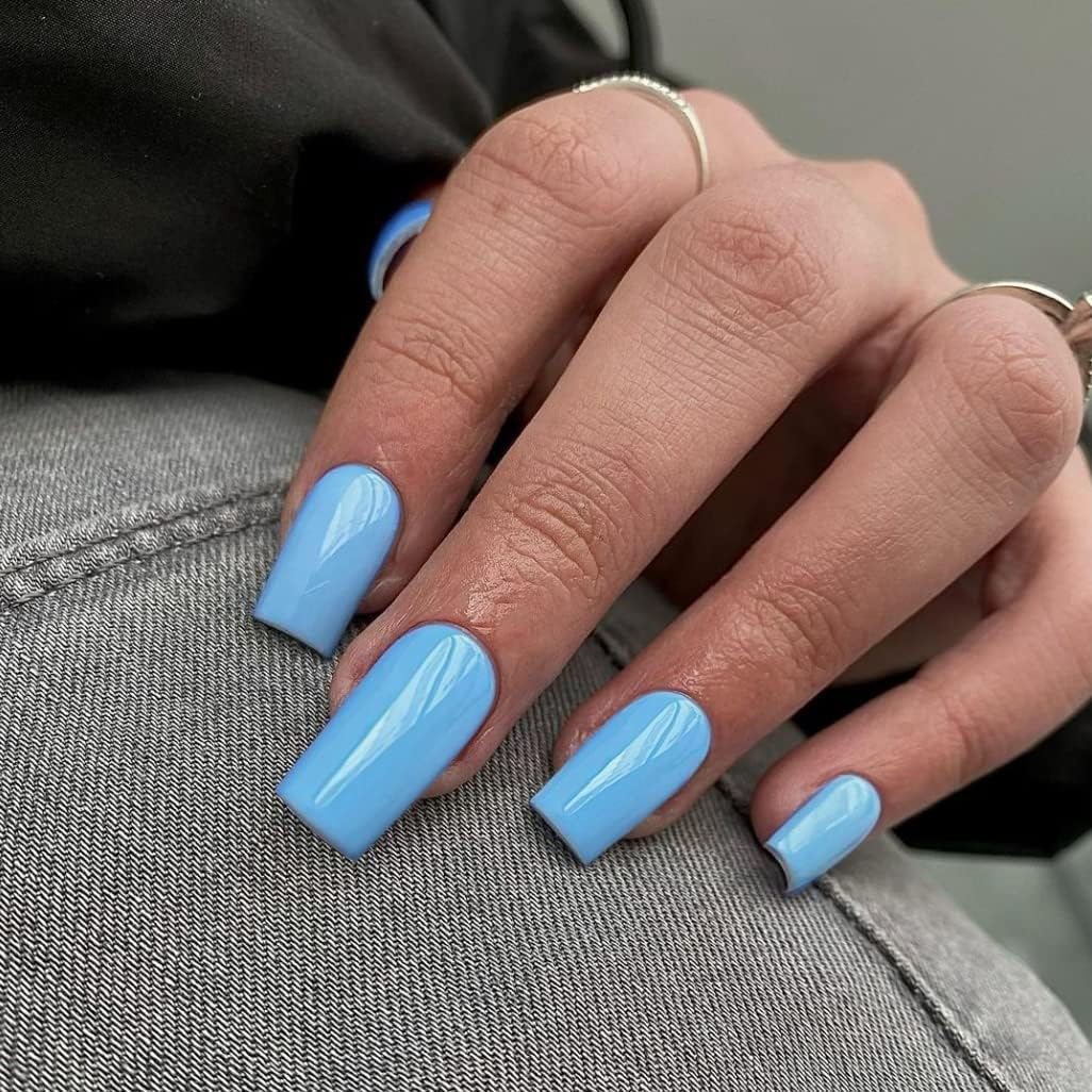 SXVME Baby Blue Press on Nails Long Square, Light Blue False Nails Medium Coffin, Glossy Gel Fake Nails Press on - Image 2