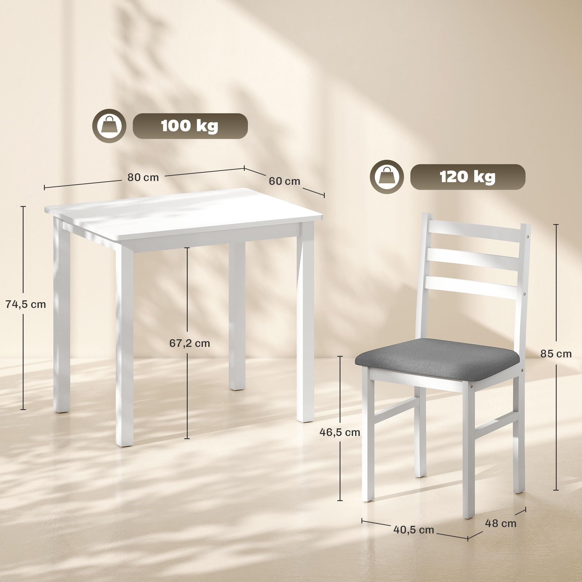 HOMCOM Essgruppe Holz 80 x 60 cm Esstisch mit 2 Stühlen Platzsparend Esszimmergruppe Sitzgruppe Rechteckig Küchentisch mit gepolsterten Essstühlen für kleine Raum, Esszimmer, Küche, Weiß