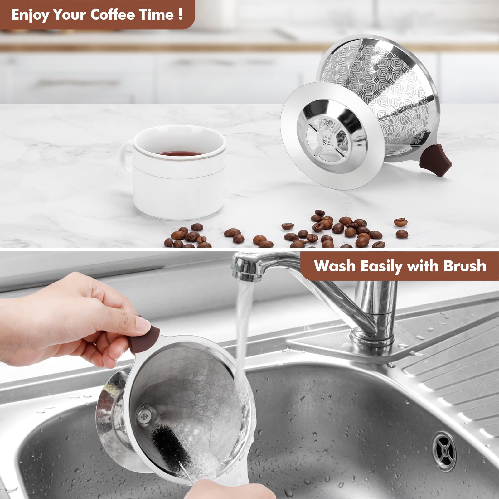 Filtro Caffe Filtro Caffettiera, Filtro Caffe Americano | Filtro Caffè Contagocce Riutilizzabili, Filtro da Caffè Permanente in Acciaio Inox con Pennello Pulito per 3-4 Tazze