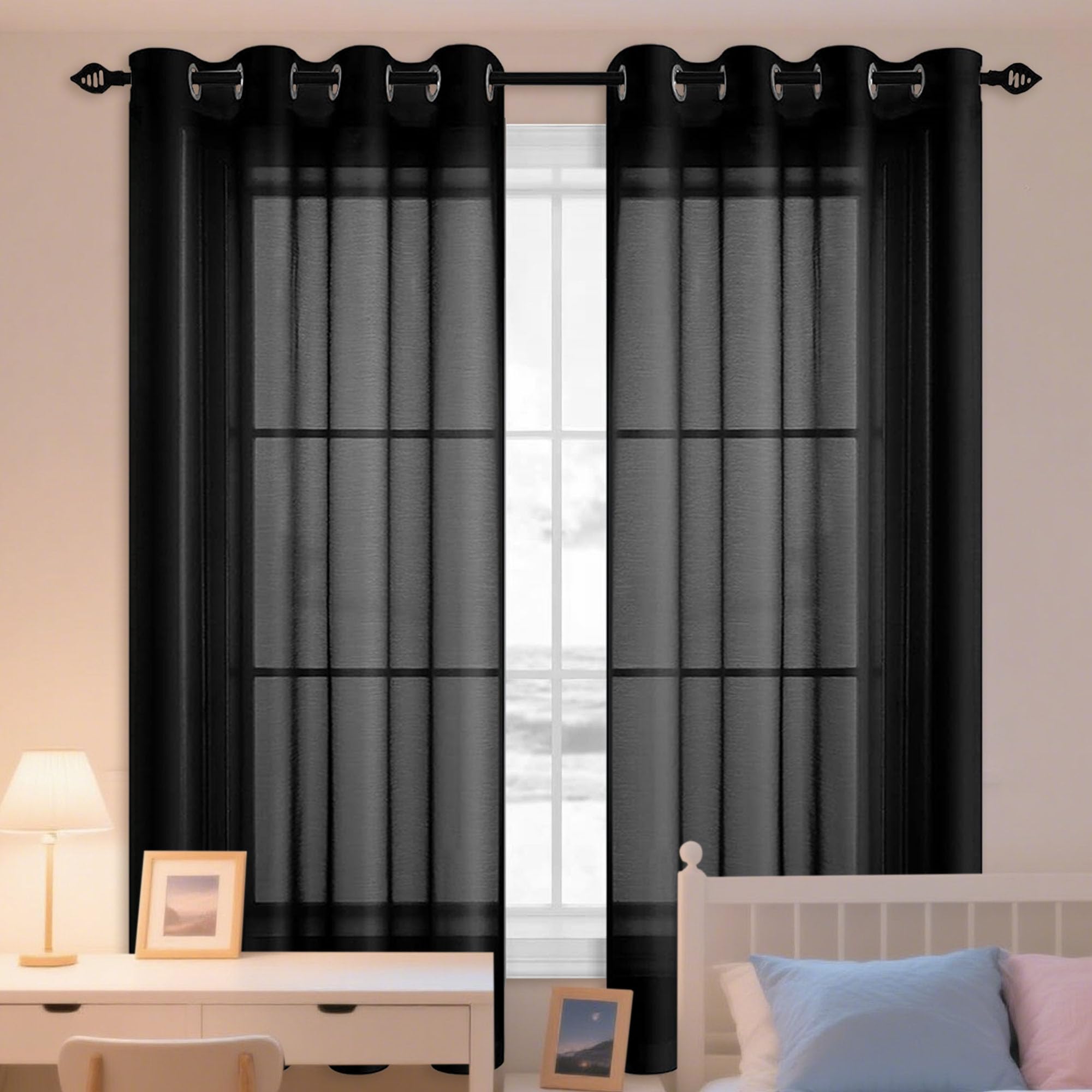 Voilages rideaux passe-tringle noir 170x190 cm transparents