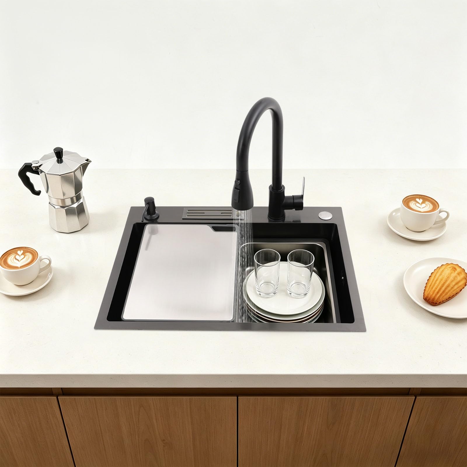 Fregadero de acero inoxidable 60 x 45 cm negro con grifo extraíble | 1 platillo, montaje empotrado, incluye tabla de cortar, lavabo interior, tubo de drenaje y dispensador de jabón