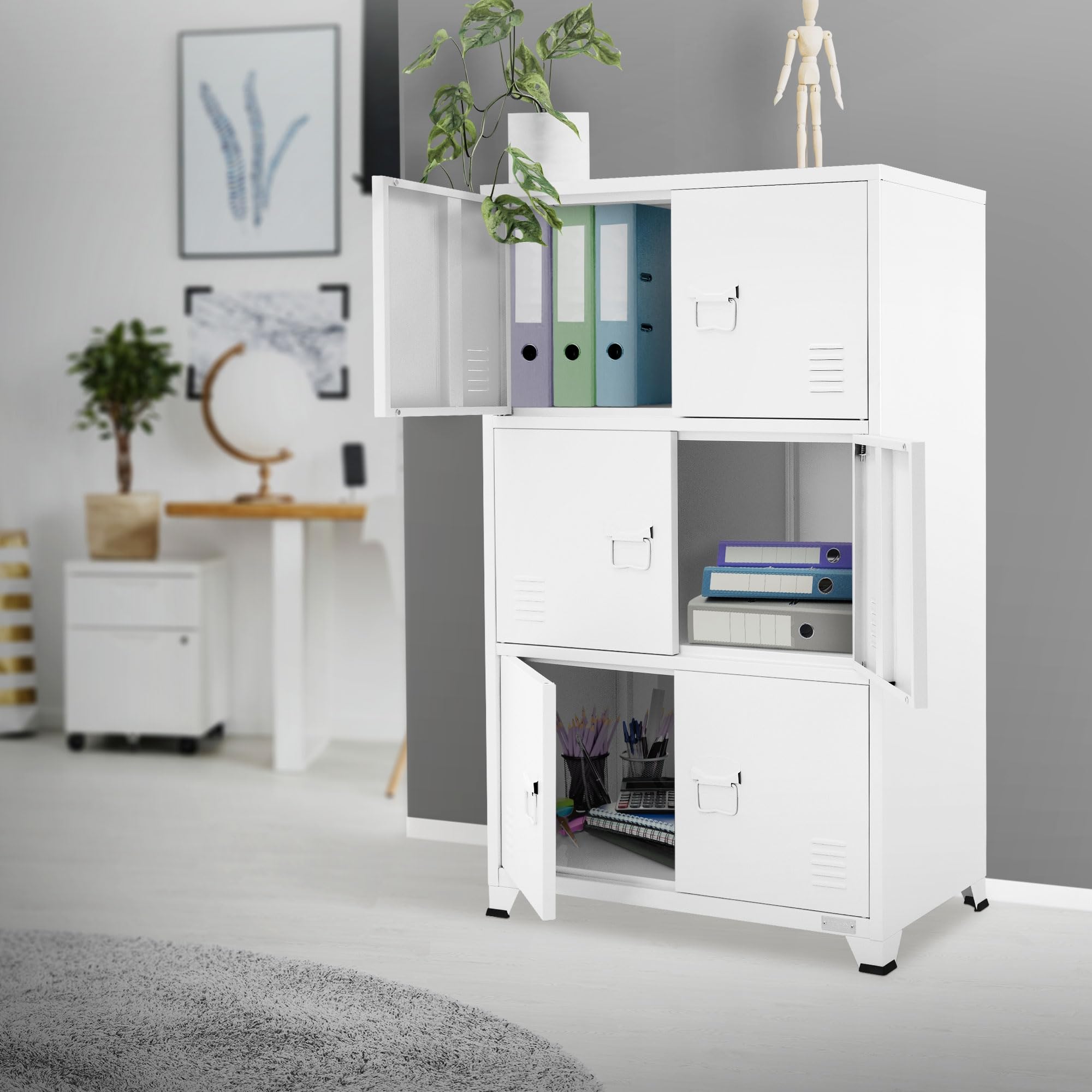 ML-Design Archivador de Oficina 75x40x120,5 cm Acero Blanco Armario Independiente con 4 Patas Mesita Auxiliar Metálica con 6 Puertas y 3 Compartimentos Mueble para Almacenamiento Archivo de Documentos