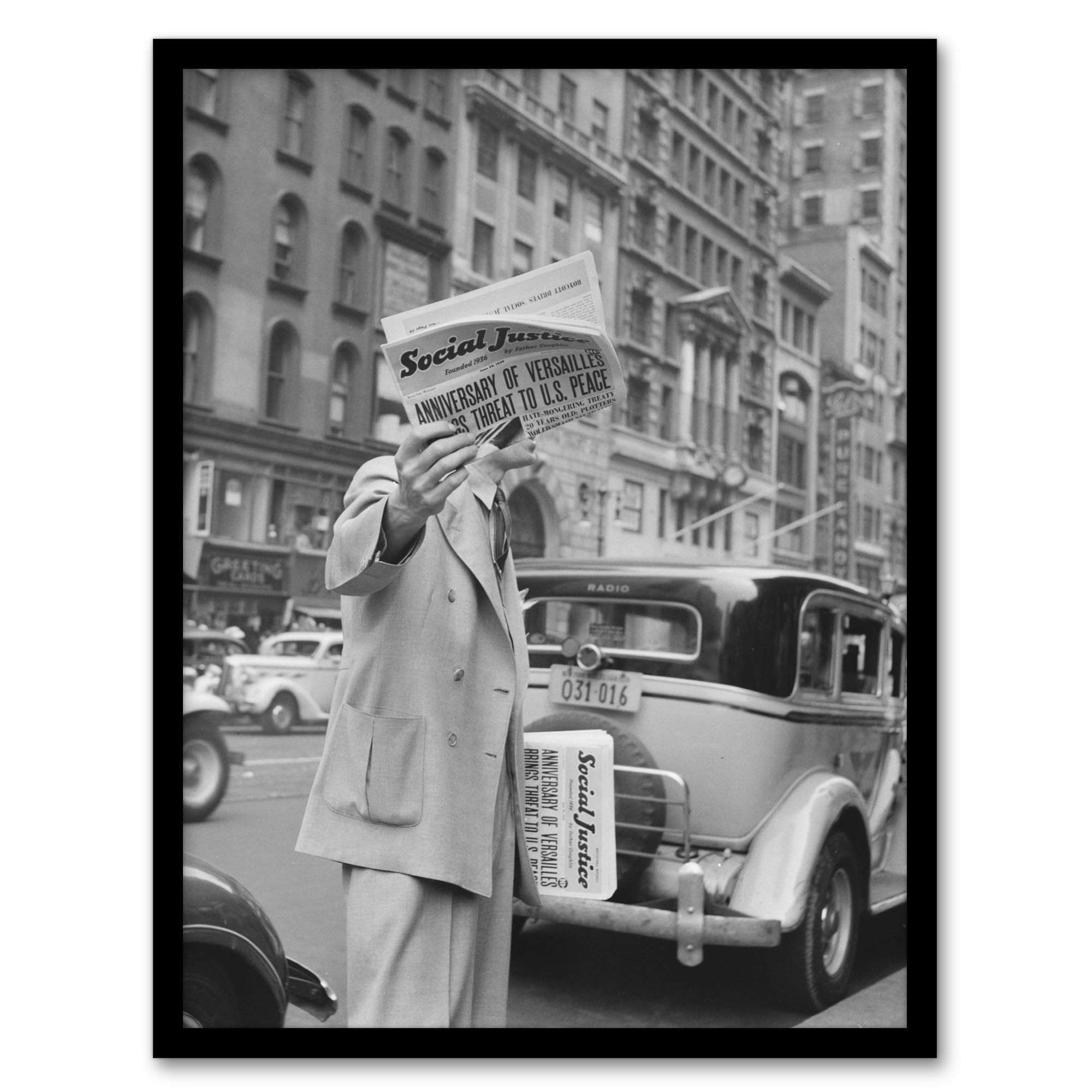 Artery8 Framed Wall Art Print - Social Justice Newsboy Photograph - Grey - A3