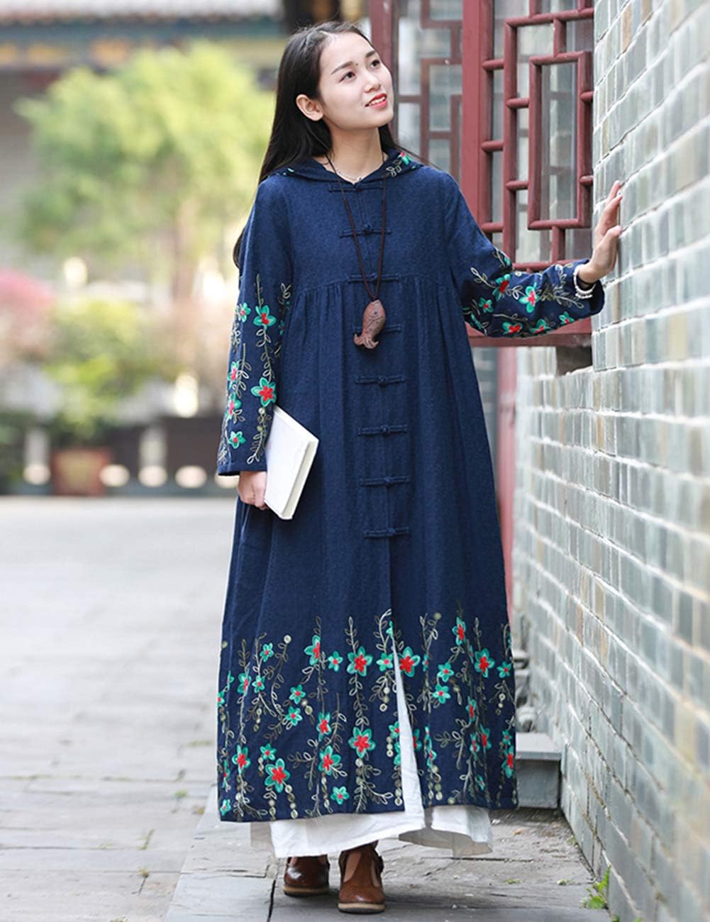 LUZU JUNU Women's Lightweight Long Trench Coat Hooded Windbreaker Jacket with Flower Embroidery