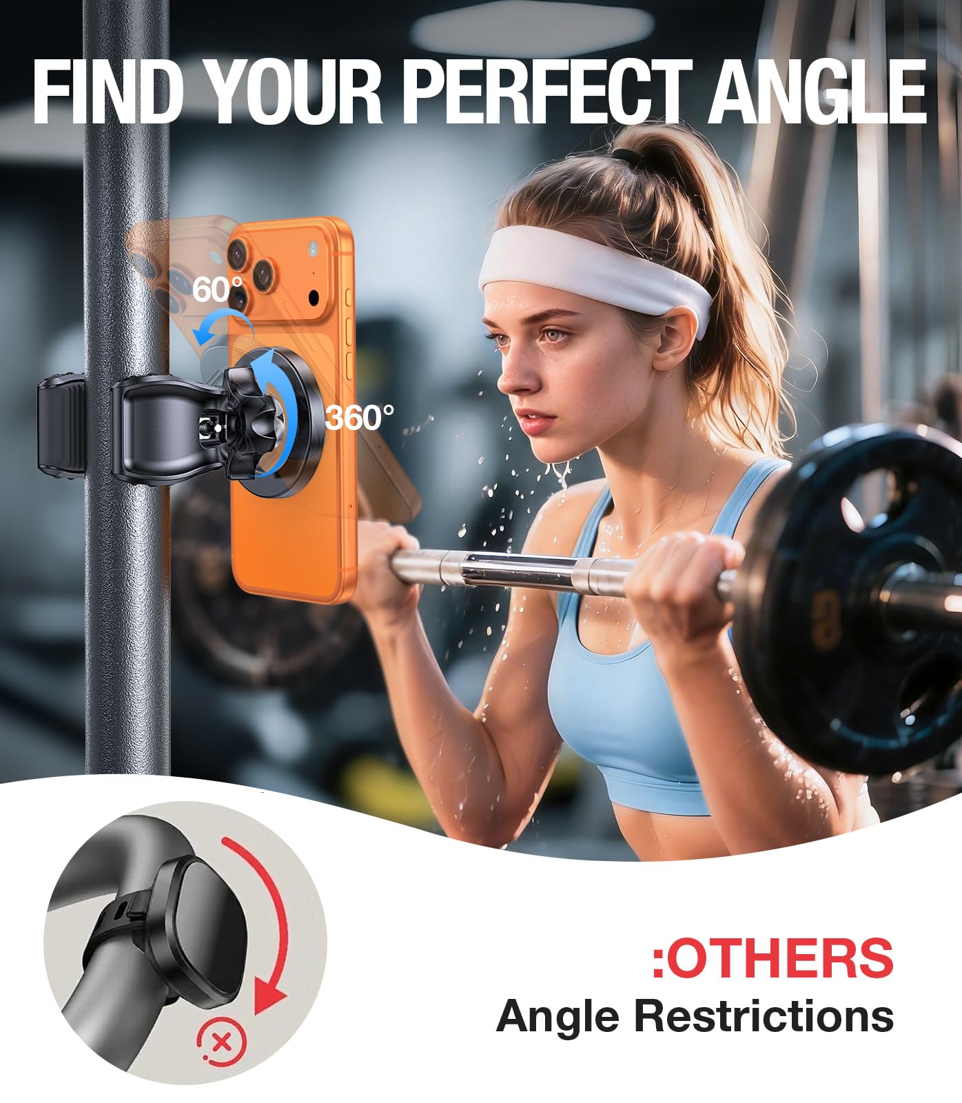 Coolpow MagSafe - Soporte magnético para teléfono para gimnasio (20 imanes fuertes), soporte magnético para teléfono para bicicleta, cinta de correr, accesorios de gimnasio para iPhone 16 Pro Max 15