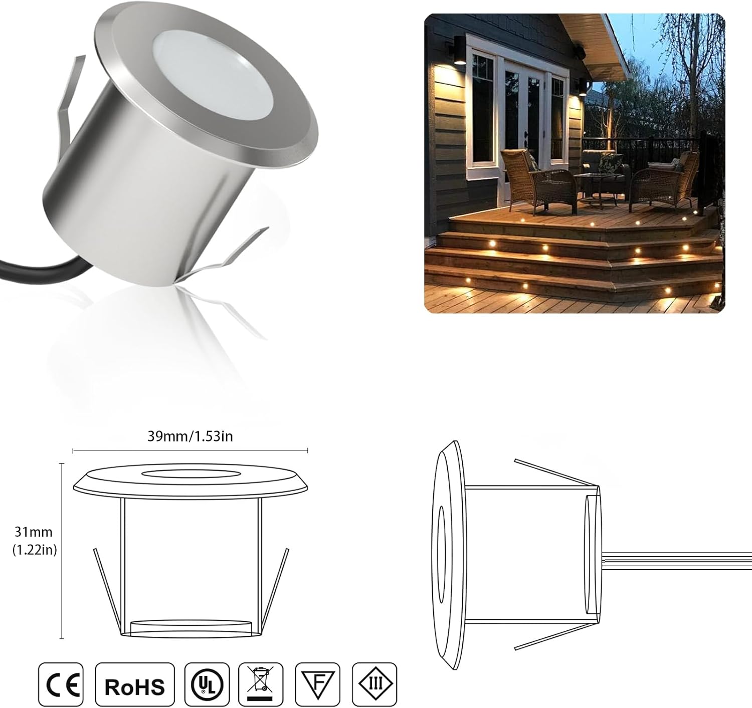 RNEHON 10 Pack Recessed LED Deck Light Kits, Aluminum Φ1.53in 12V DC Low Voltage IP67 Waterproof Outdoor Stair Step Lights, Warm White Deck Lighting for Garden, Yard Steps, Patio, Kitchen Decoration