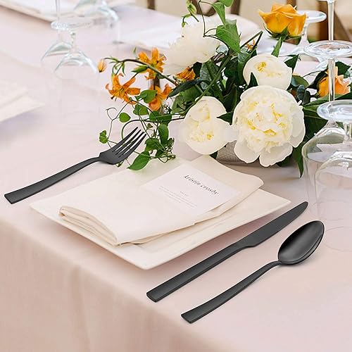 Miniatura 6 de LIANYU Juego de cubiertos negros de 20 piezas con bandeja, cubiertos cuadrados de acero inoxidable para 4, utensilios de cocina negros para el